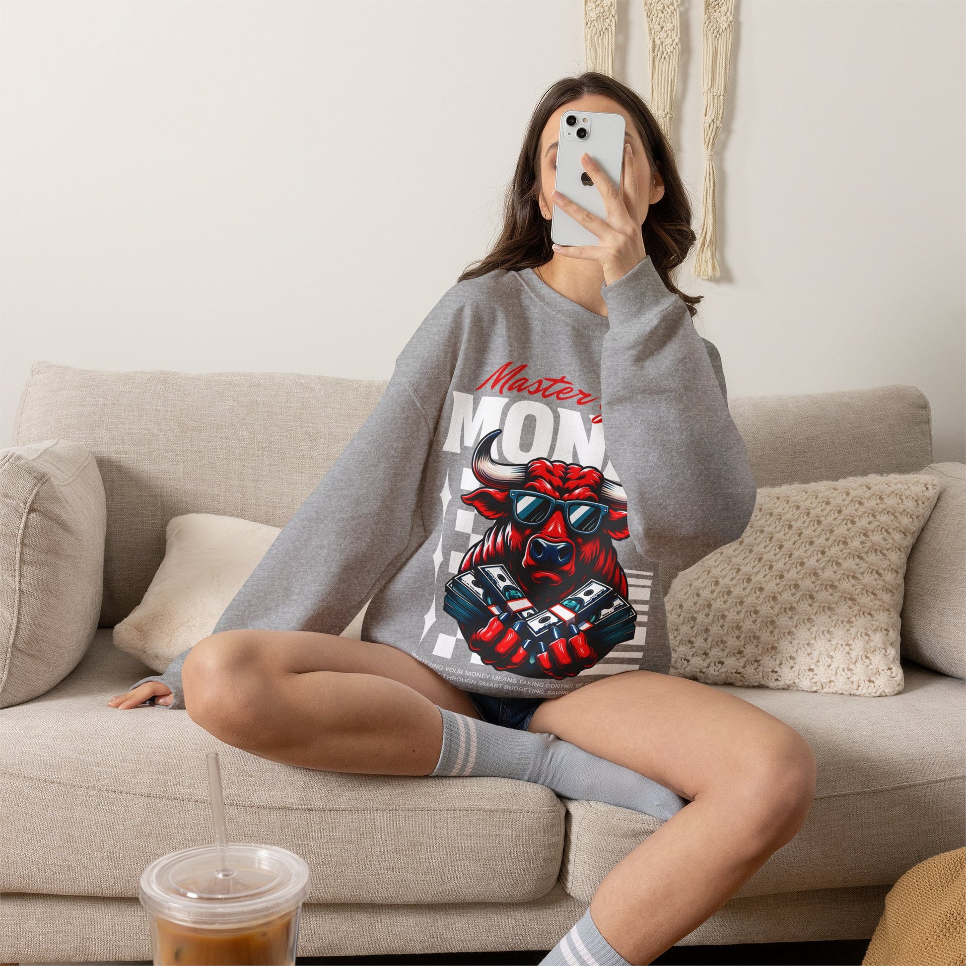 Crewneck Sweatshirt — "Master Your Money" Bull Design, Finance Hustle Graphic