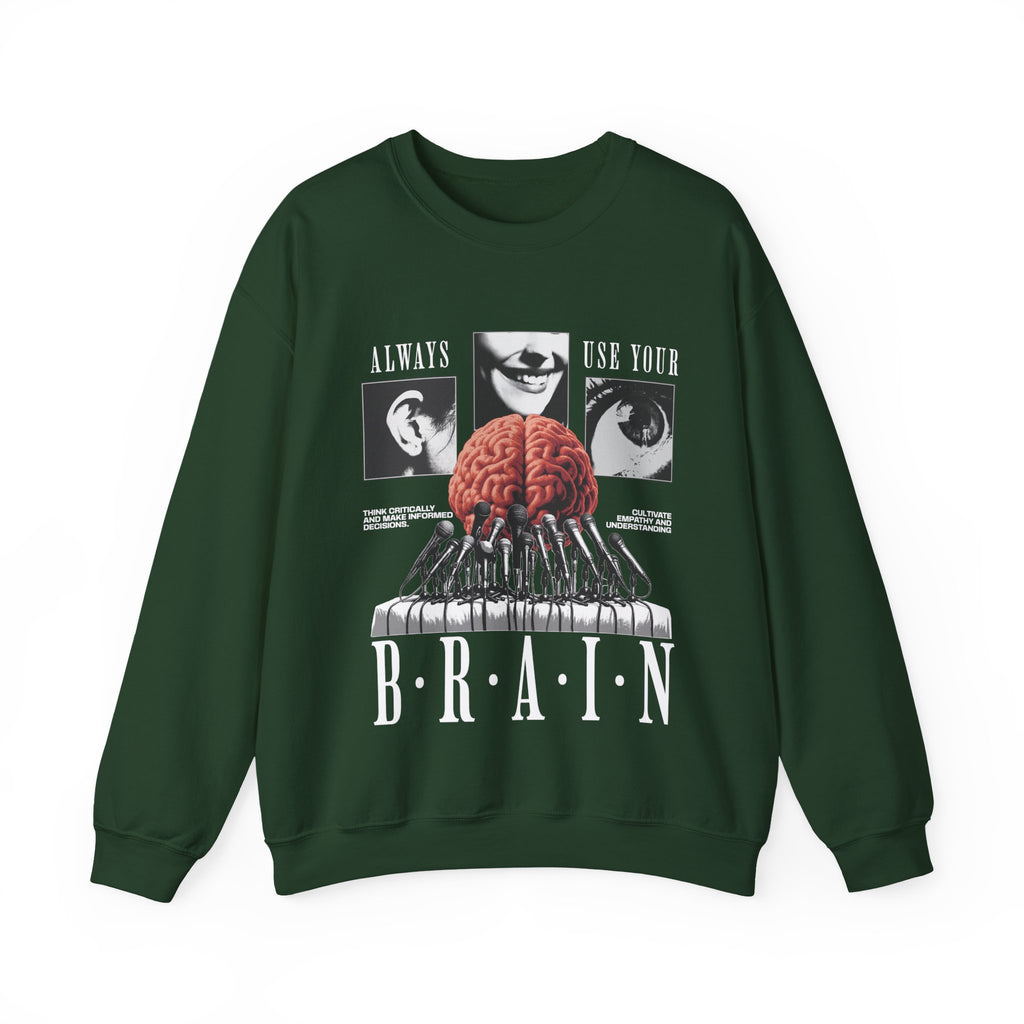 Brain Graphic Crewneck Sweatshirt — "Always Use Your Brain" Vintage Horror Vibe