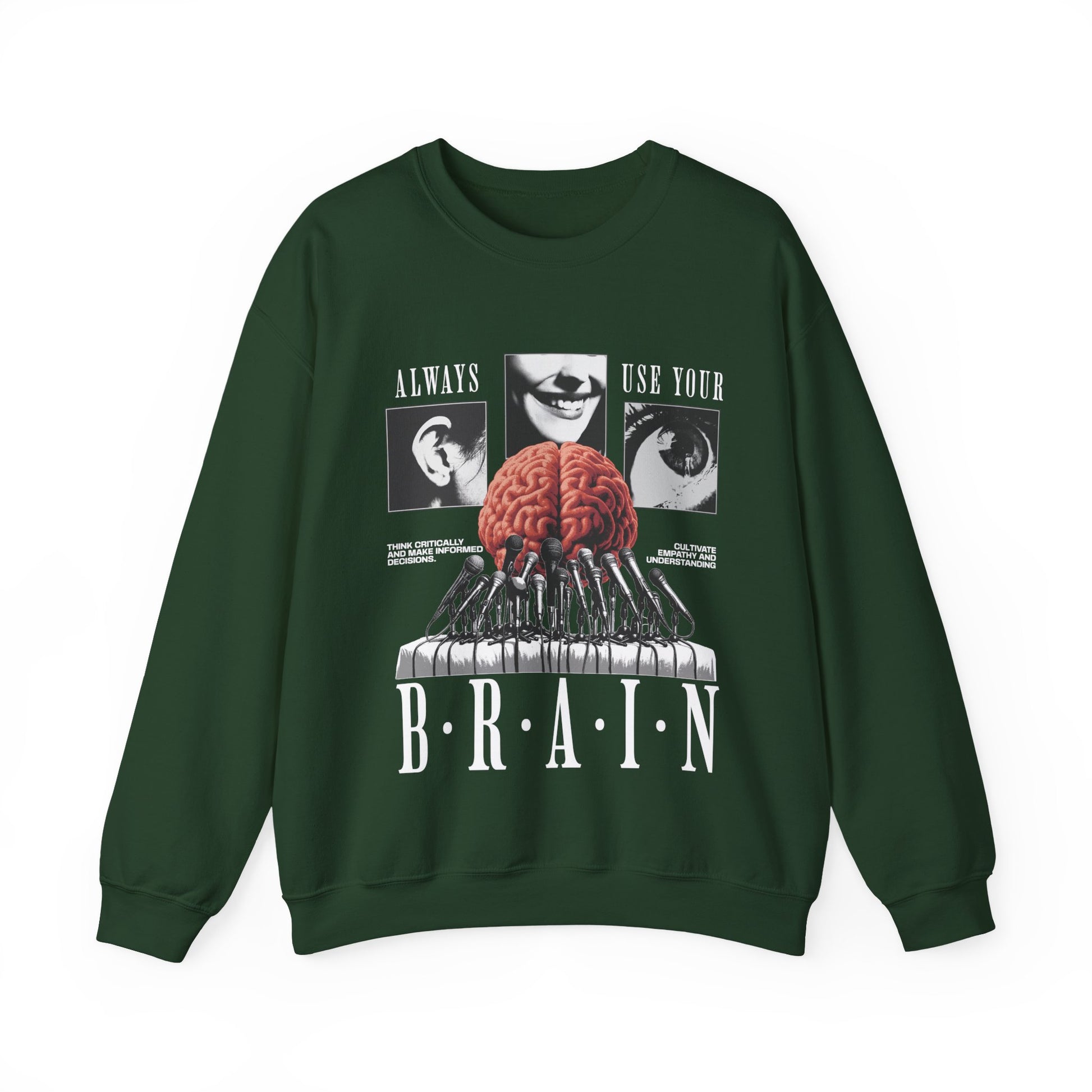 Brain Graphic Crewneck Sweatshirt — "Always Use Your Brain" Vintage Horror Vibe