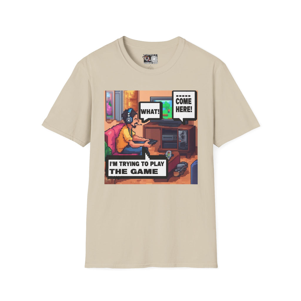 Gamer Comic T-Shirt — “I’m Trying to Play the Game” Pixel Art Tee