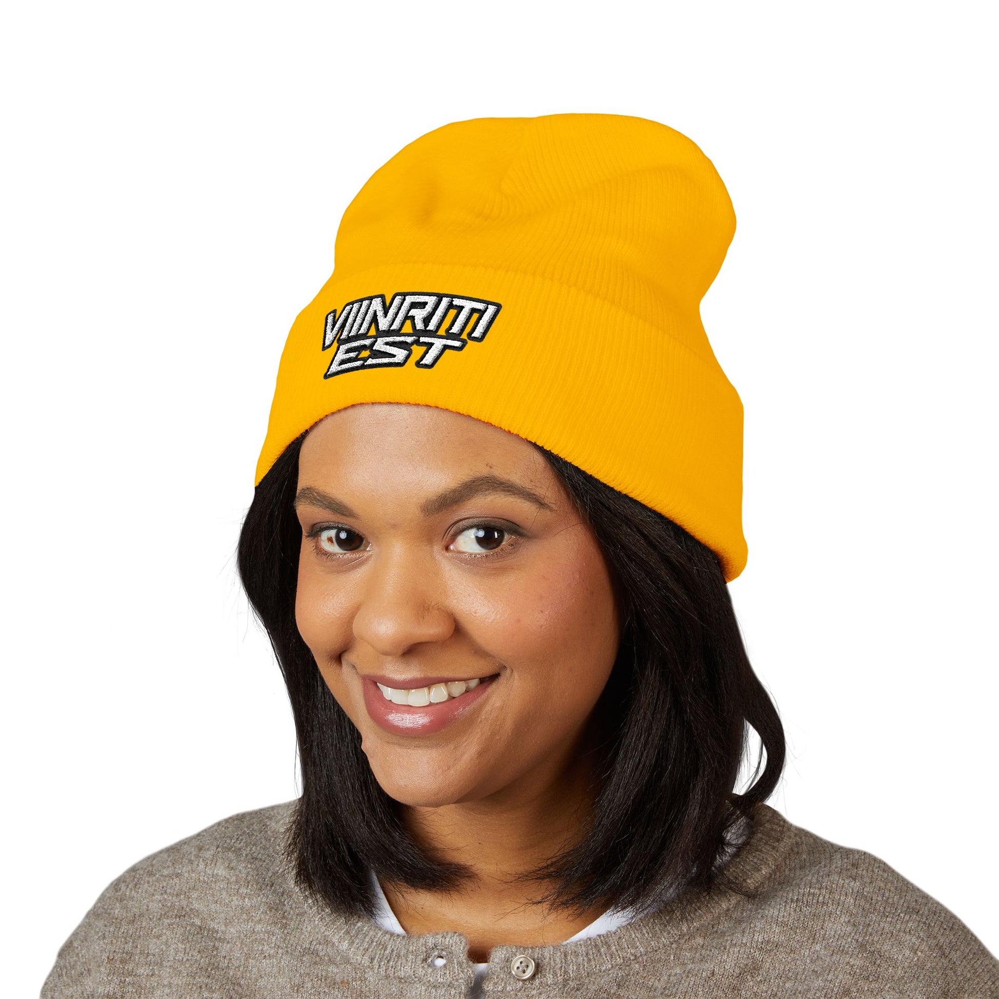 Embroidered 'Viinriti Est' Cuffed Beanie — Classic Knit Winter Hat