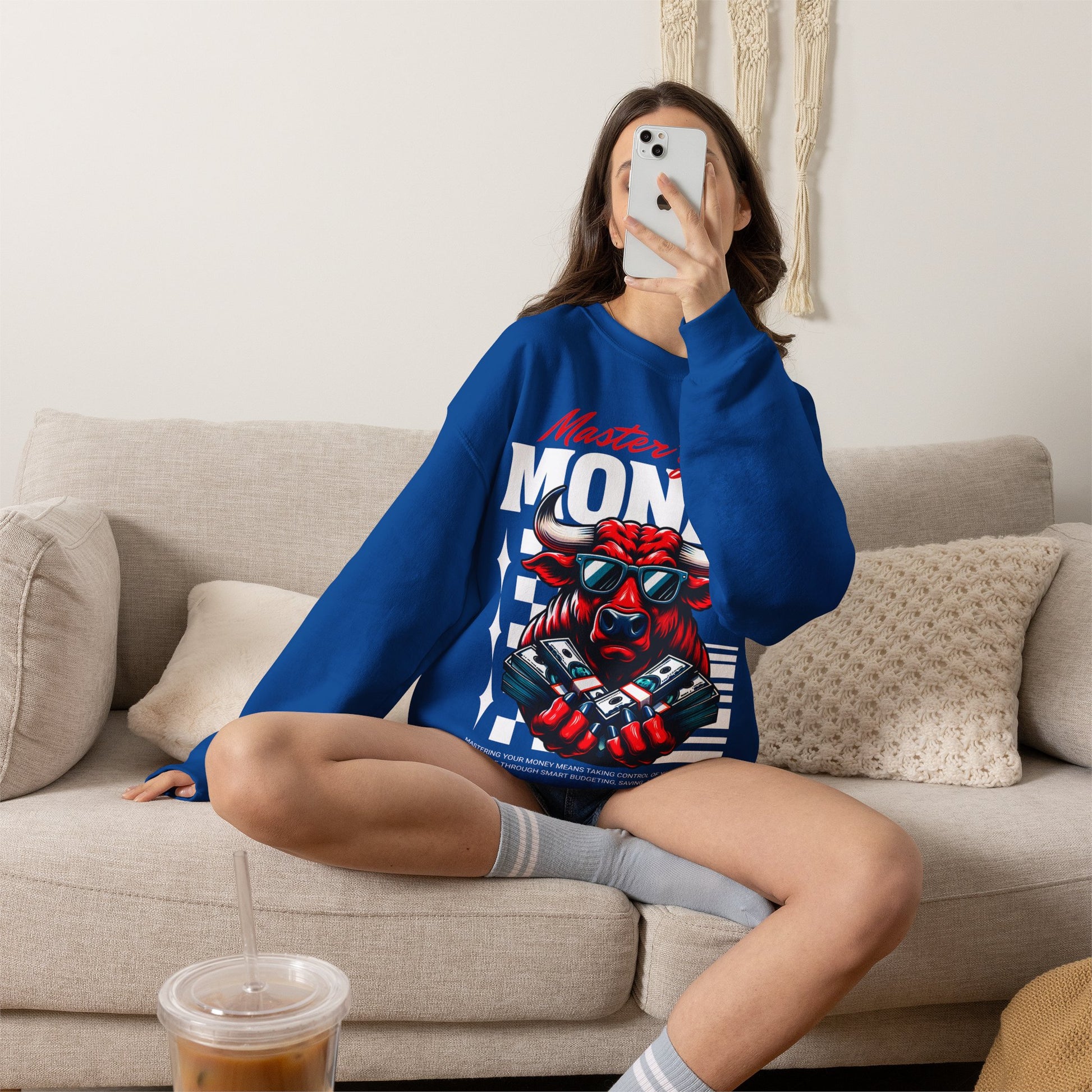 Crewneck Sweatshirt — "Master Your Money" Bull Design, Finance Hustle Graphic