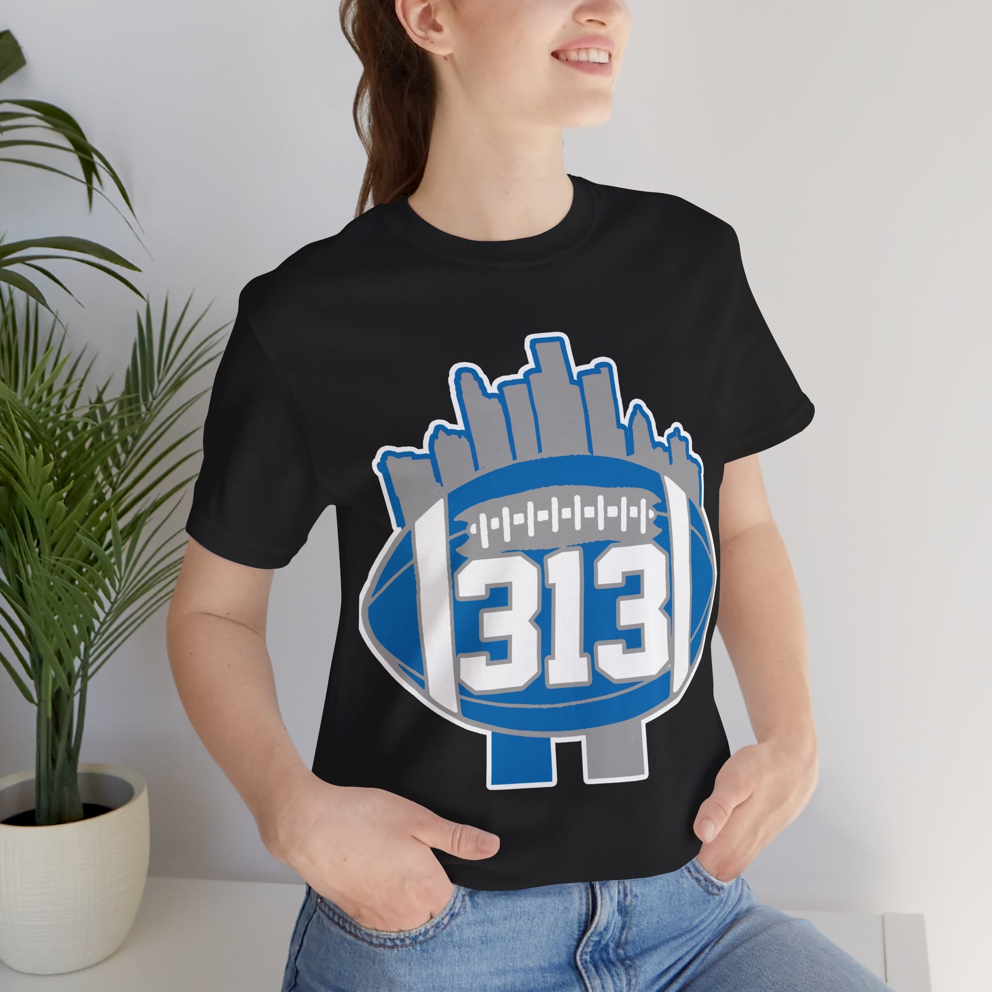 Detroit 313 Football T-Shirt — City Skyline & Number 313 Logo