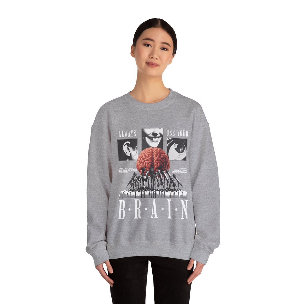 Brain Graphic Crewneck Sweatshirt — "Always Use Your Brain" Vintage Horror Vibe