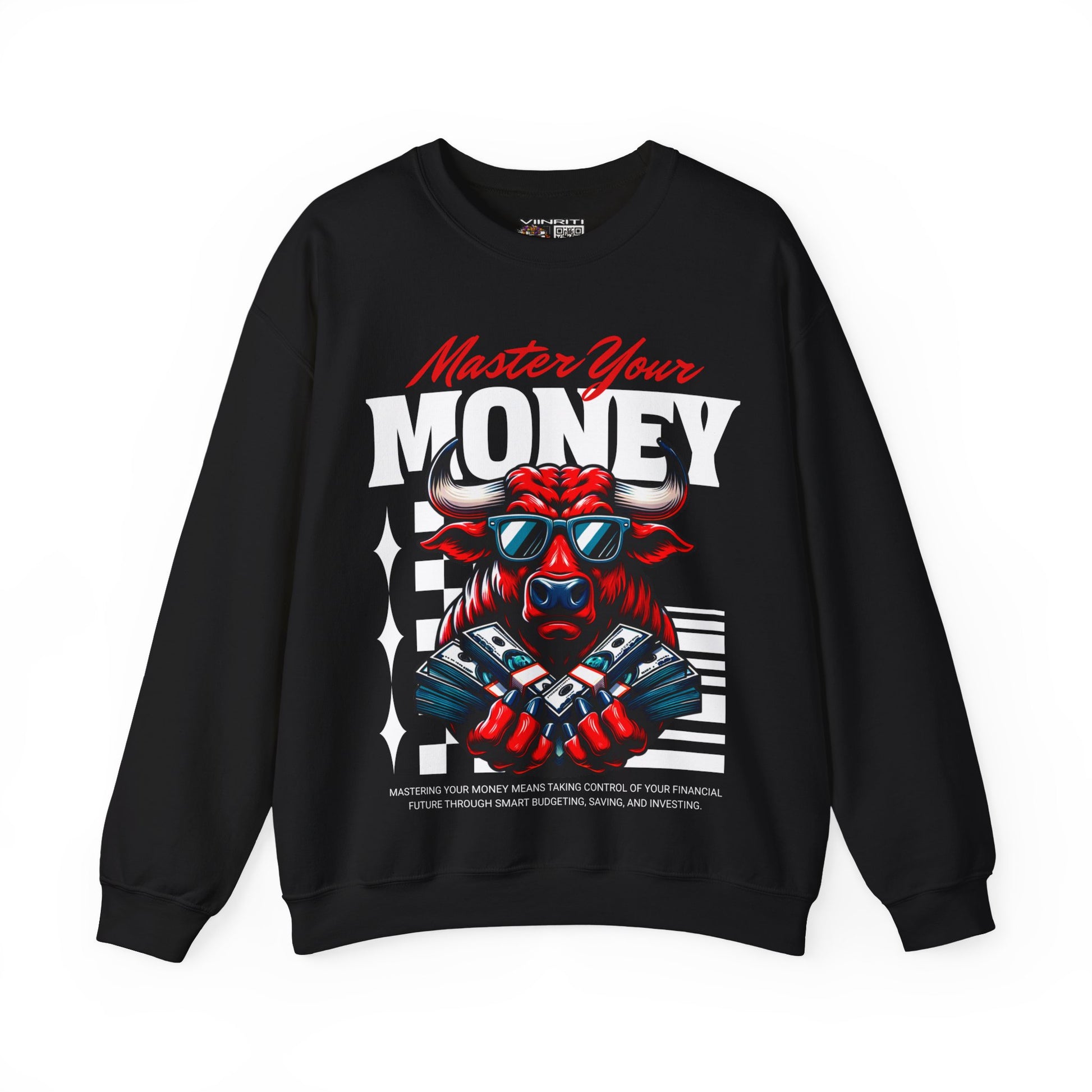 Crewneck Sweatshirt — "Master Your Money" Bull Design, Finance Hustle Graphic