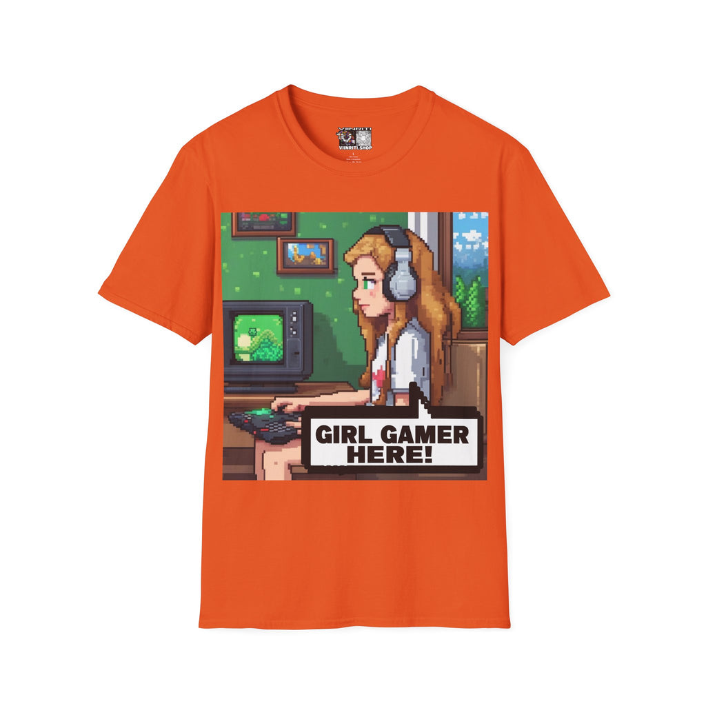 Girl Gamer Here Pixel Art T-Shirt — Retro Gaming Tee for Female Gamers
