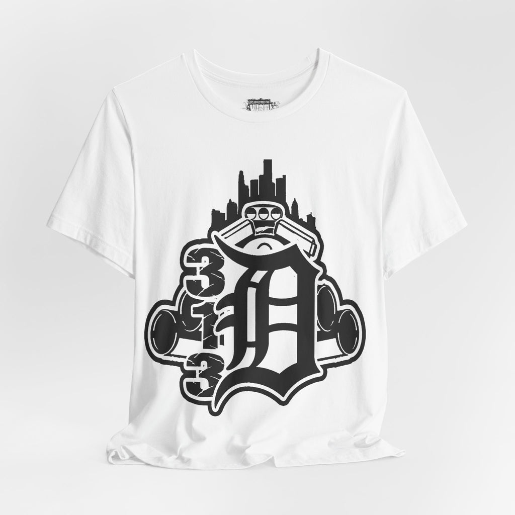 Detroit D Monochrome Tee — City Skyline & Motor Graphic T-Shirt