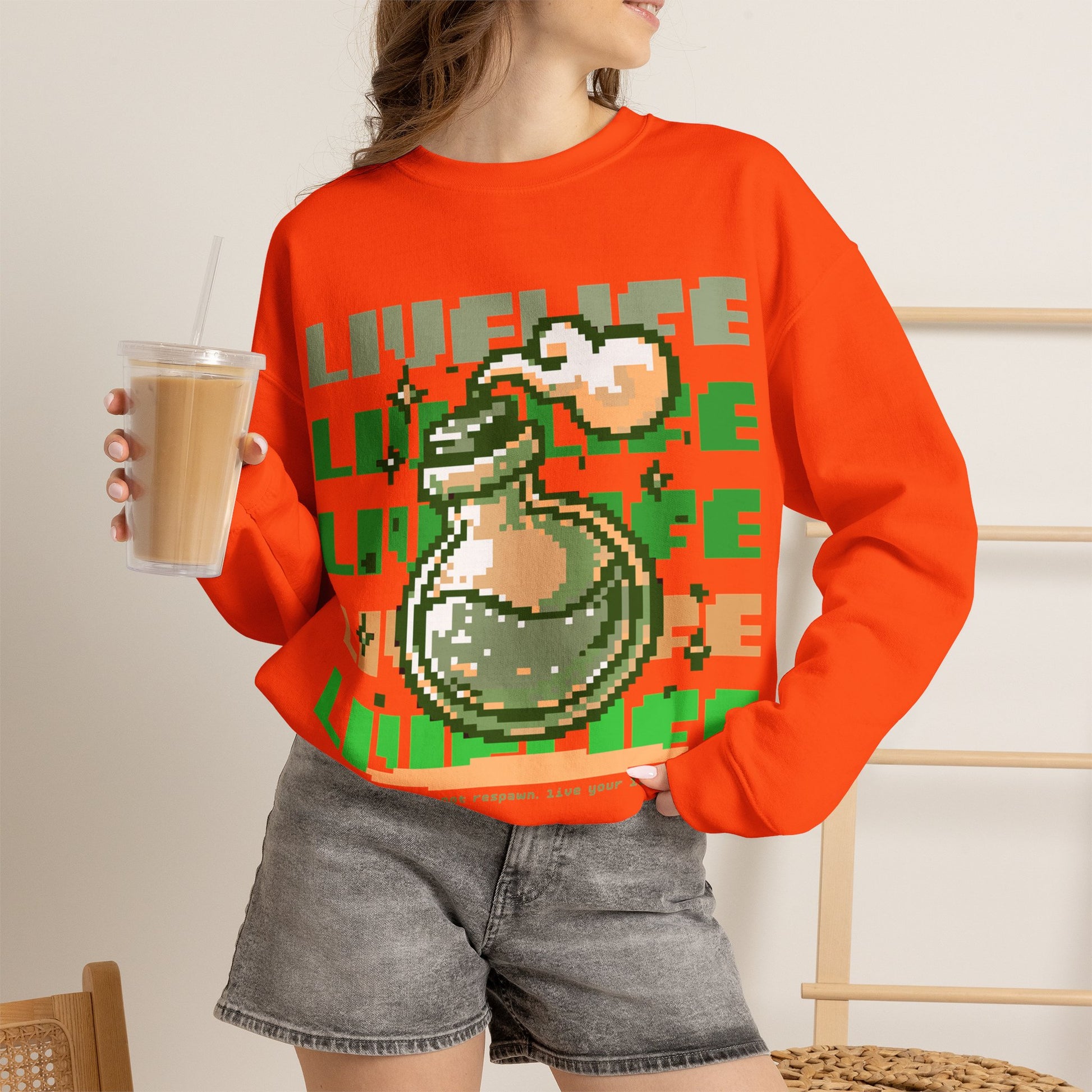 Crewneck Sweatshirt — Pixel Potion 'LIFE' Retro Gaming Graphic