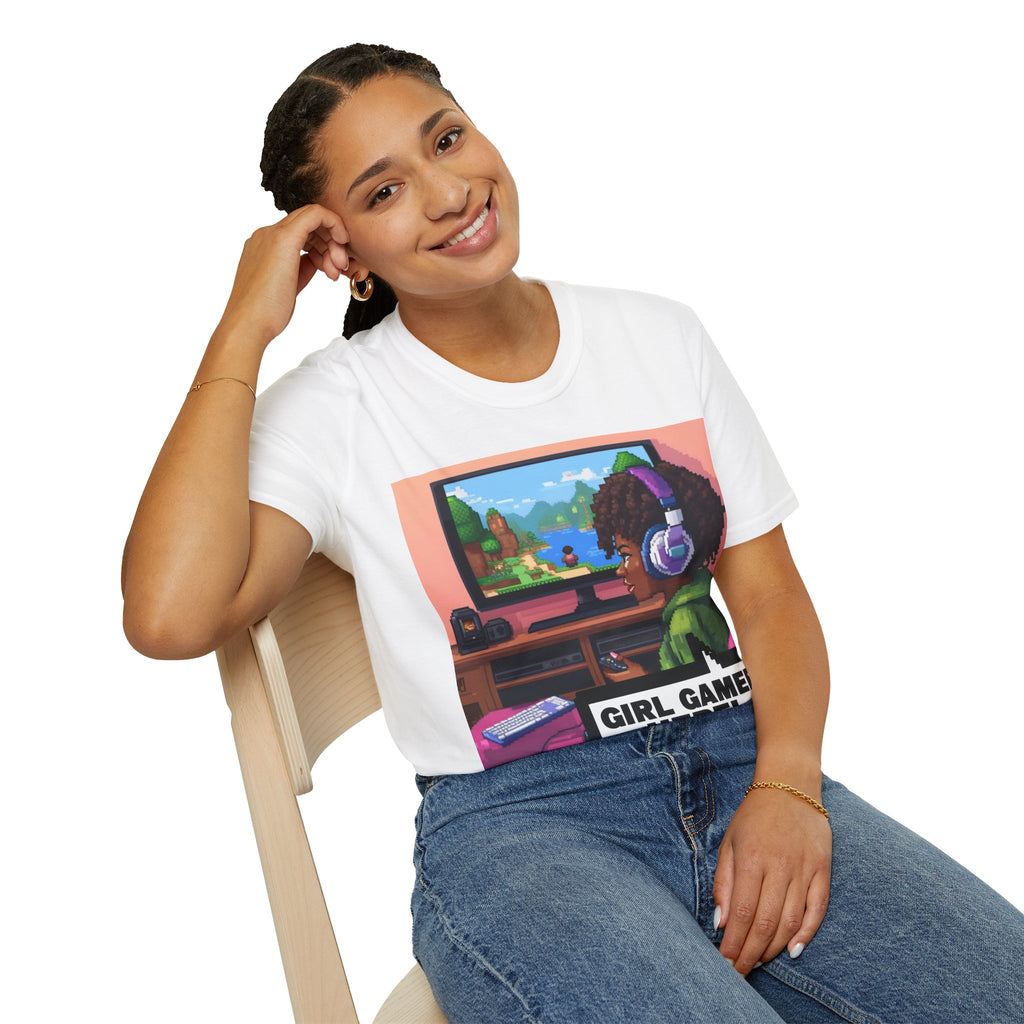 Girl Gamer T-Shirt — Retro Pixel Art ‘GIRL GAMER HERE!’ Tee for Female Gamers