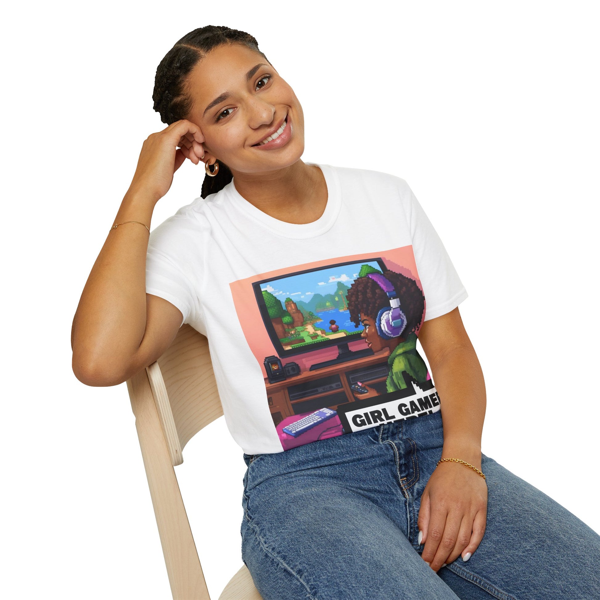 Girl Gamer T-Shirt — Retro Pixel Art ‘GIRL GAMER HERE!’ Tee for Female Gamers
