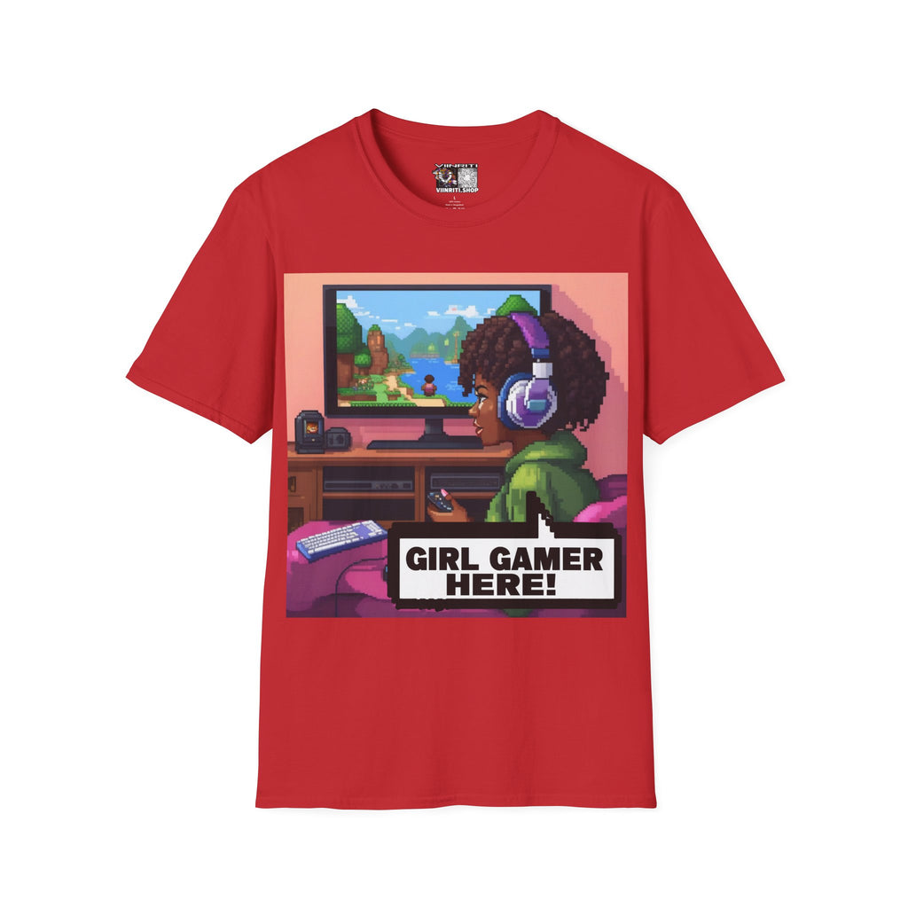Girl Gamer T-Shirt — Retro Pixel Art ‘GIRL GAMER HERE!’ Tee for Female Gamers