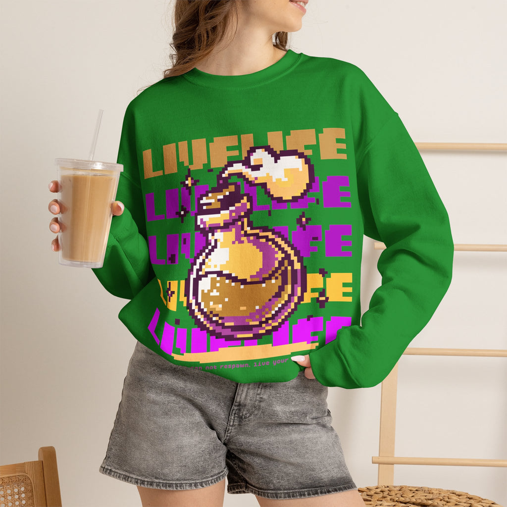 Crewneck Sweatshirt — Pixel Potion 'LIFE' Retro Gaming Graphic