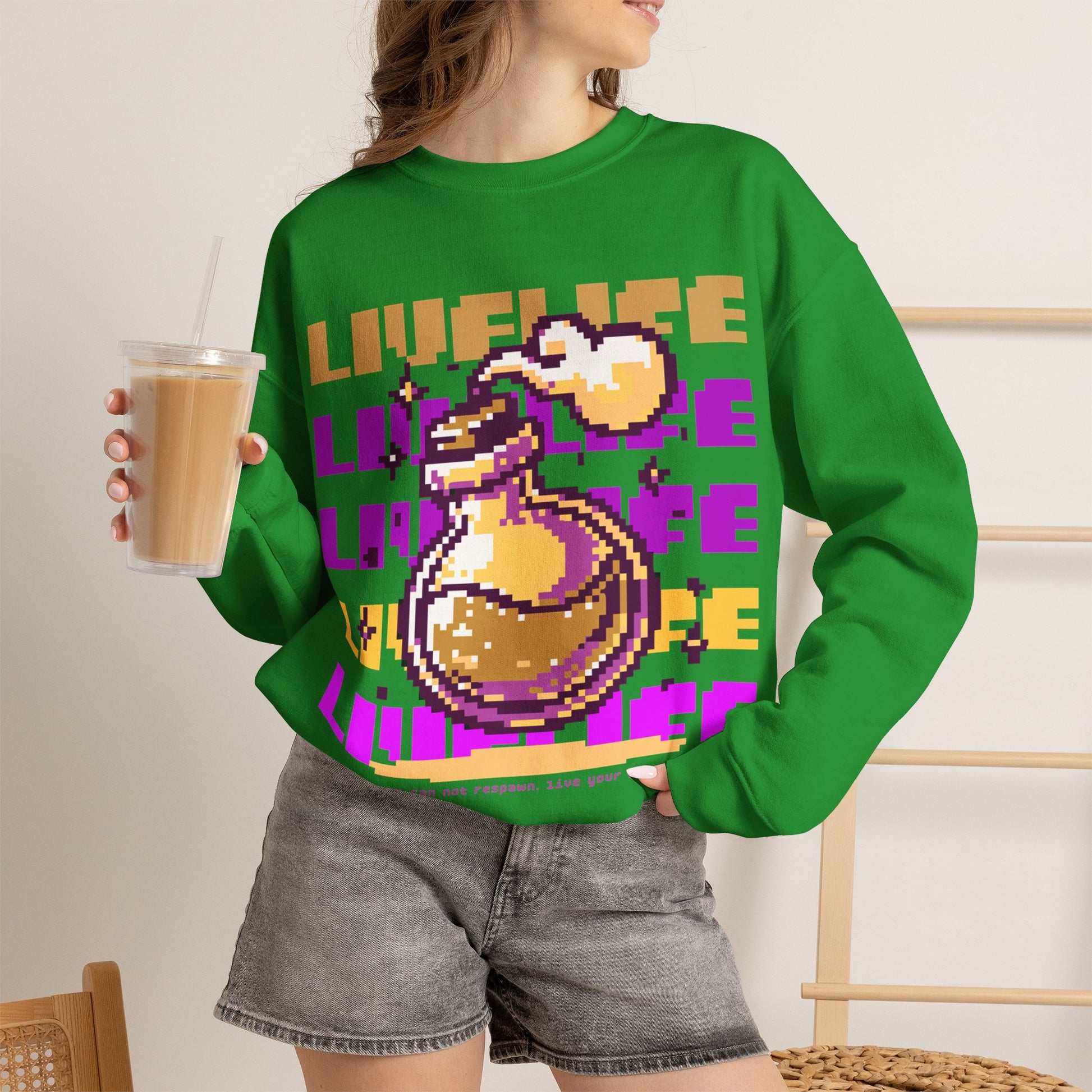 Crewneck Sweatshirt — Pixel Potion 'LIFE' Retro Gaming Graphic