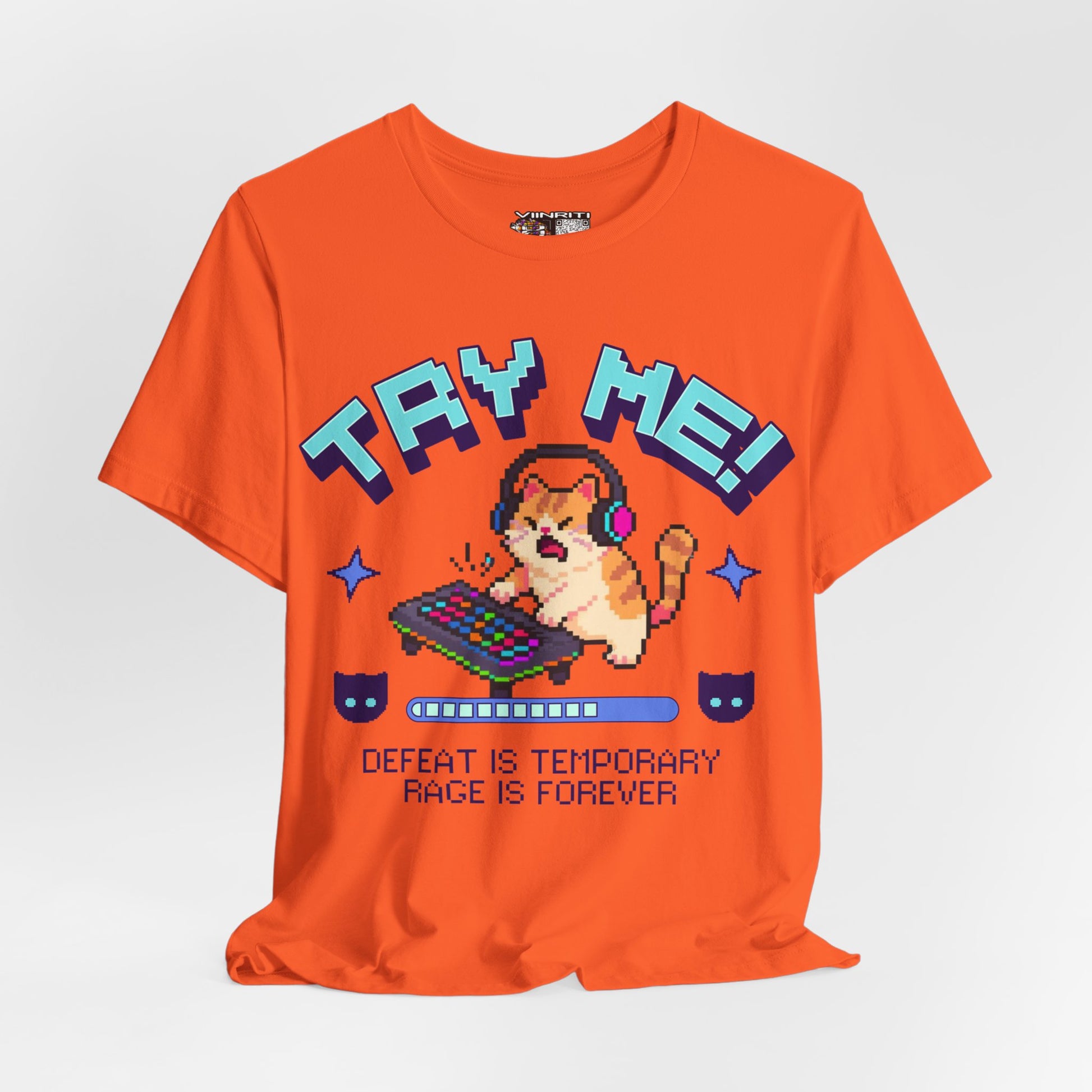 Try Me! Gamer Cat T‑Shirt — "Defeat Is Temporary, Rage Is Forever" Retro Pixel Tee