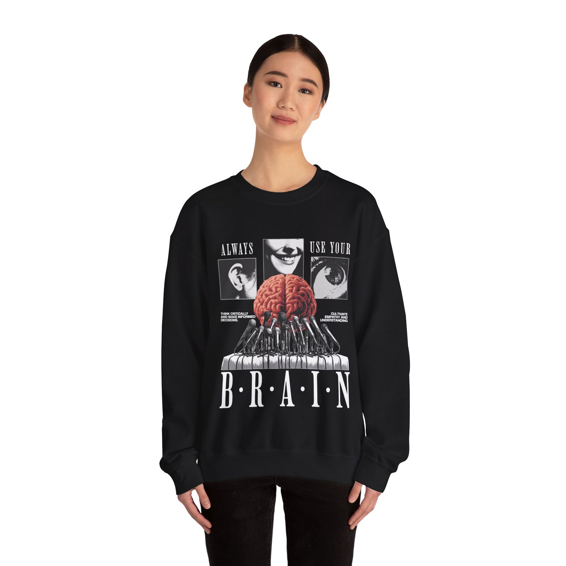 Brain Graphic Crewneck Sweatshirt — "Always Use Your Brain" Vintage Horror Vibe