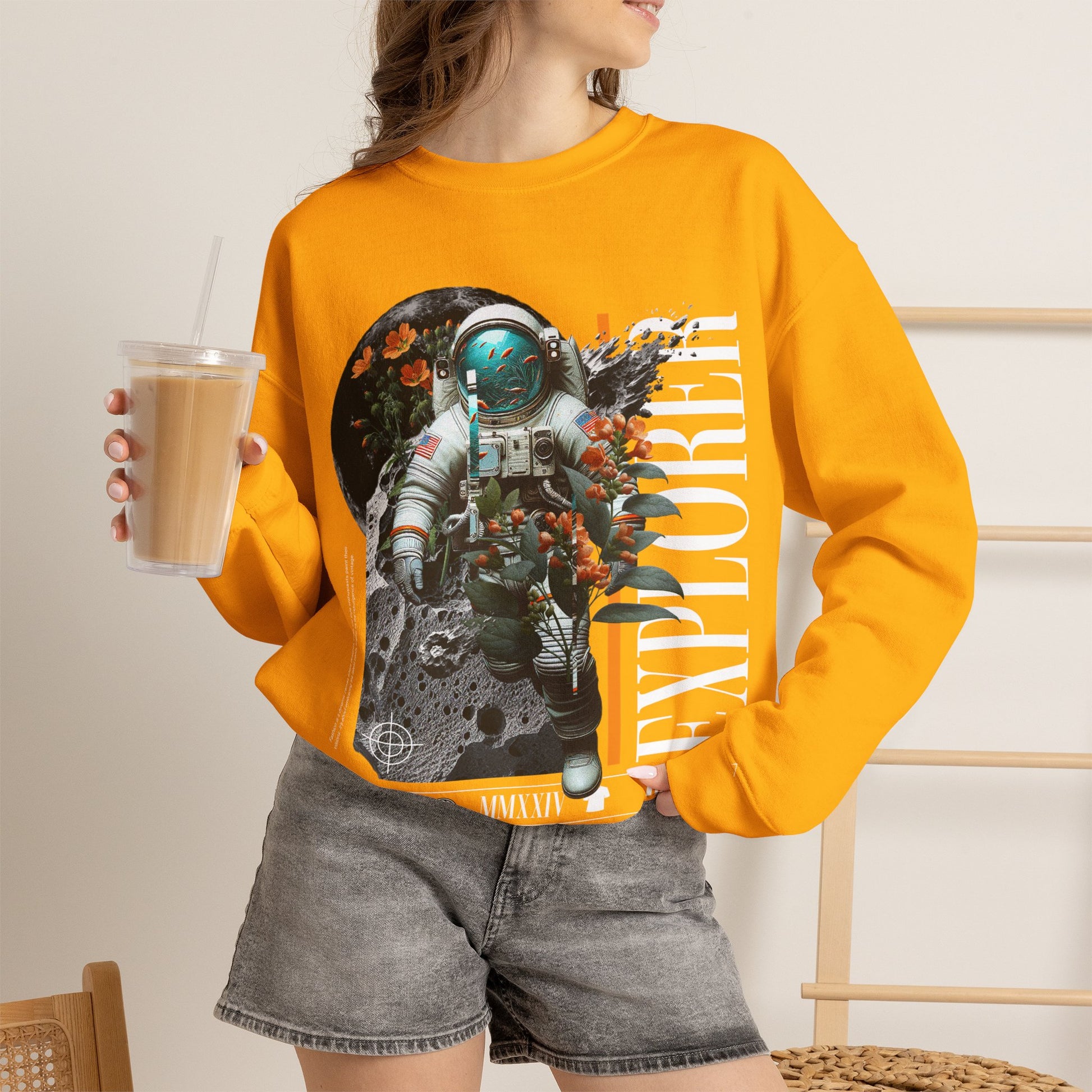 Astronaut Floral Crewneck Sweatshirt — Space Explorer Graphic Pullover
