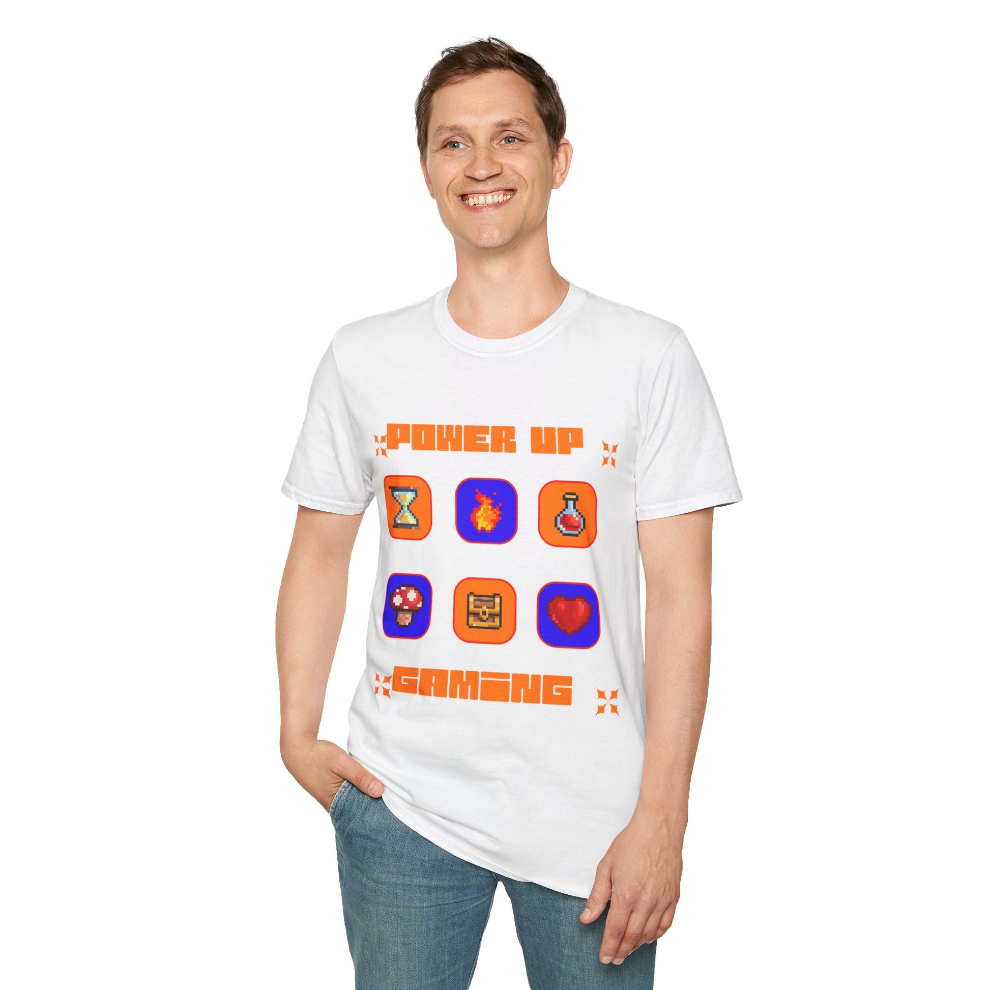 Power Up Gaming T-Shirt — Retro Pixel Game Icons Tee