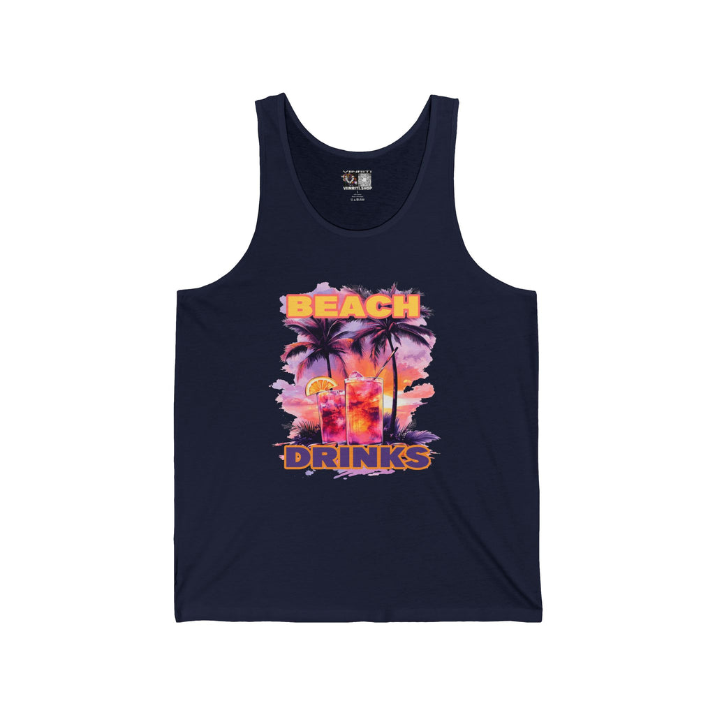 Beach Drinks Tropical Sunset Tank Top, Beach Vibes Shirt, Vacation Apparel, Summer Fashion, Unisex Jersey Tee