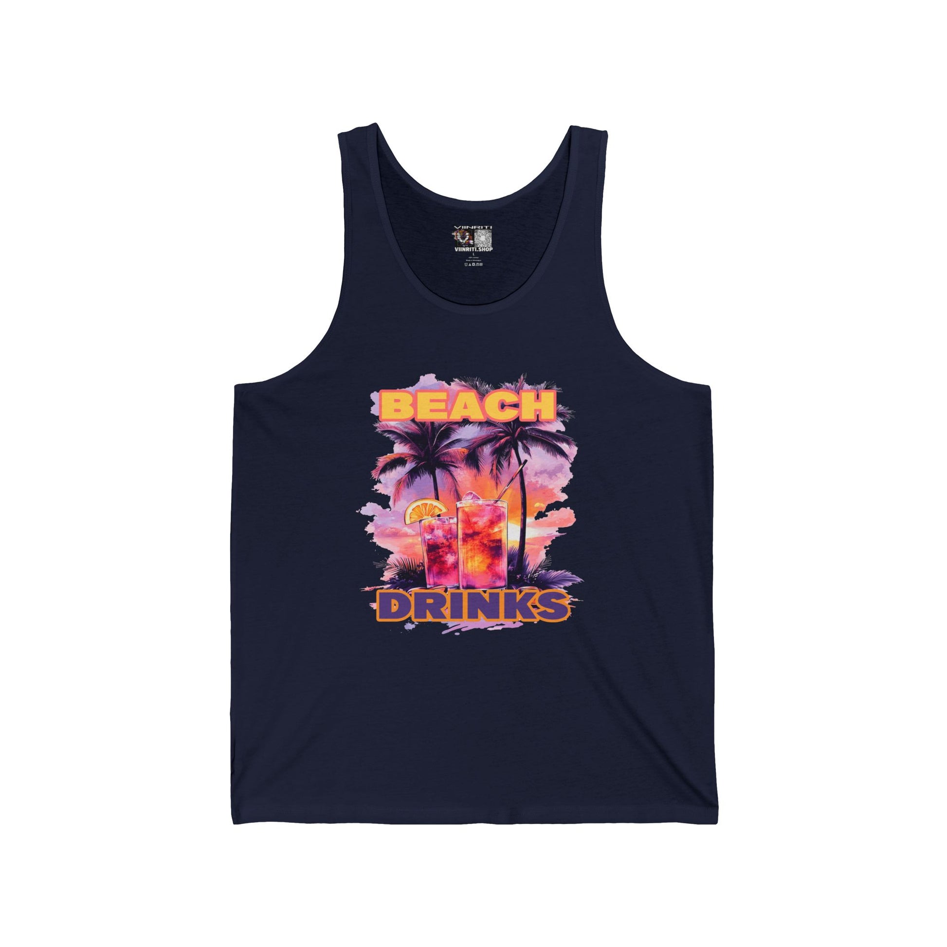 Beach Drinks Tropical Sunset Tank Top, Beach Vibes Shirt, Vacation Apparel, Summer Fashion, Unisex Jersey Tee