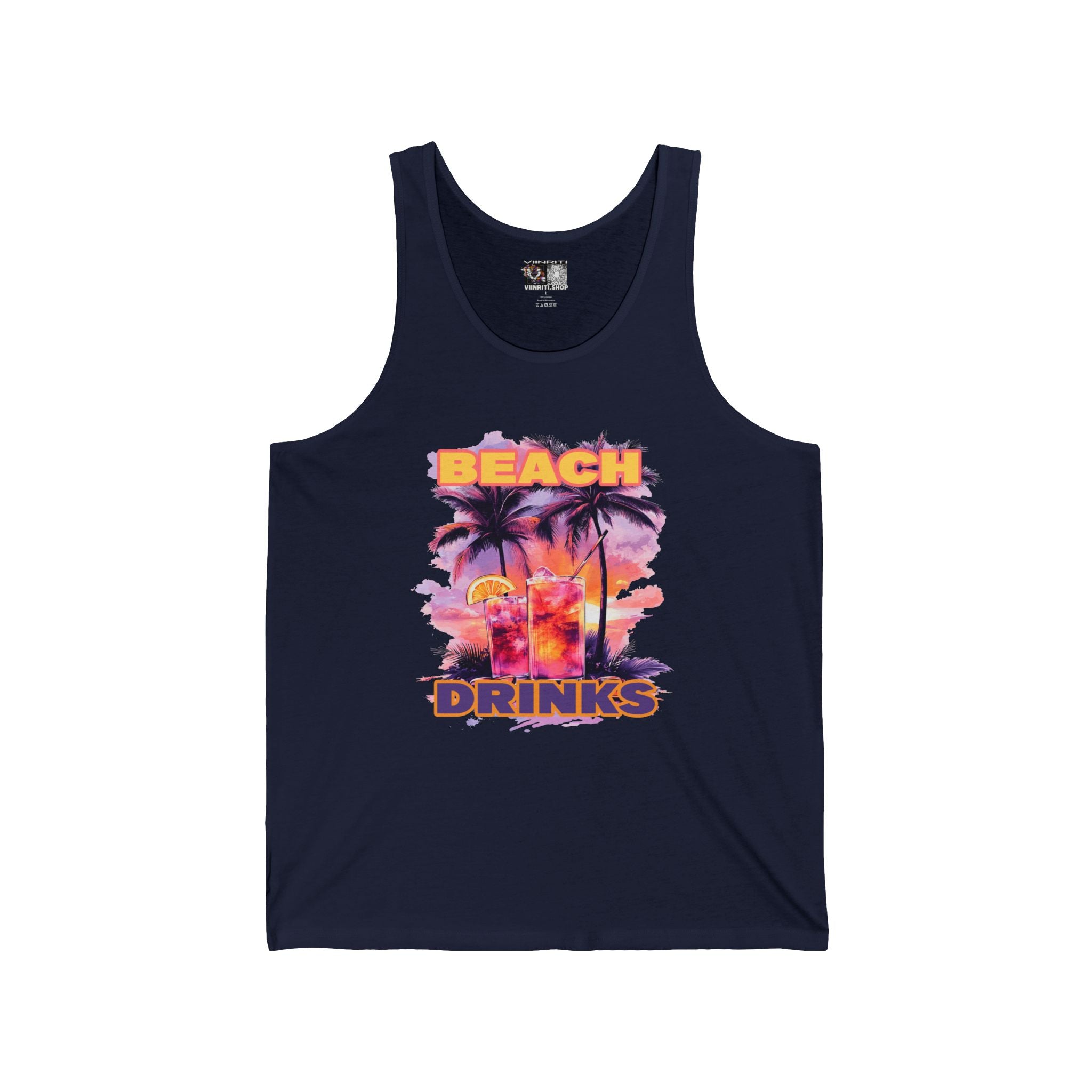 Beach Drinks Tropical Sunset Tank Top, Beach Vibes Shirt, Vacation Apparel, Summer Fashion, Unisex Jersey Tee