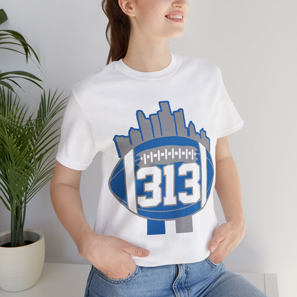 Detroit 313 Football T-Shirt — City Skyline & Number 313 Logo