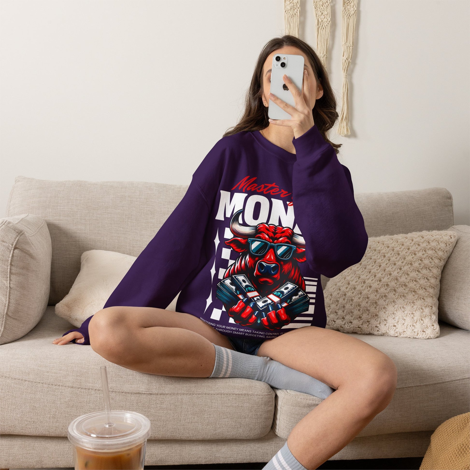 Crewneck Sweatshirt — "Master Your Money" Bull Design, Finance Hustle Graphic