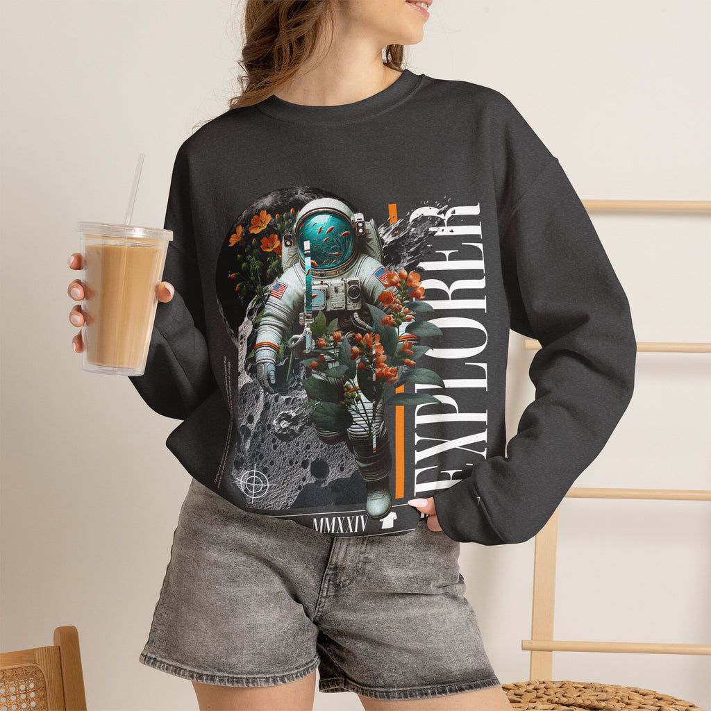Astronaut Floral Crewneck Sweatshirt — Space Explorer Graphic Pullover