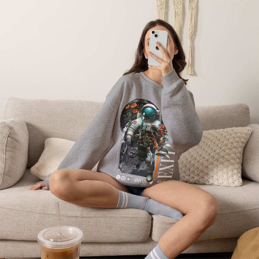Astronaut Floral Crewneck Sweatshirt — Space Explorer Graphic Pullover