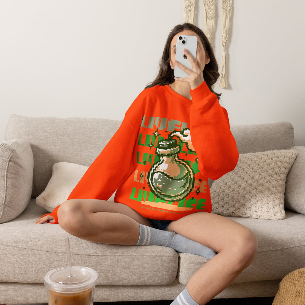 Crewneck Sweatshirt — Pixel Potion 'LIFE' Retro Gaming Graphic