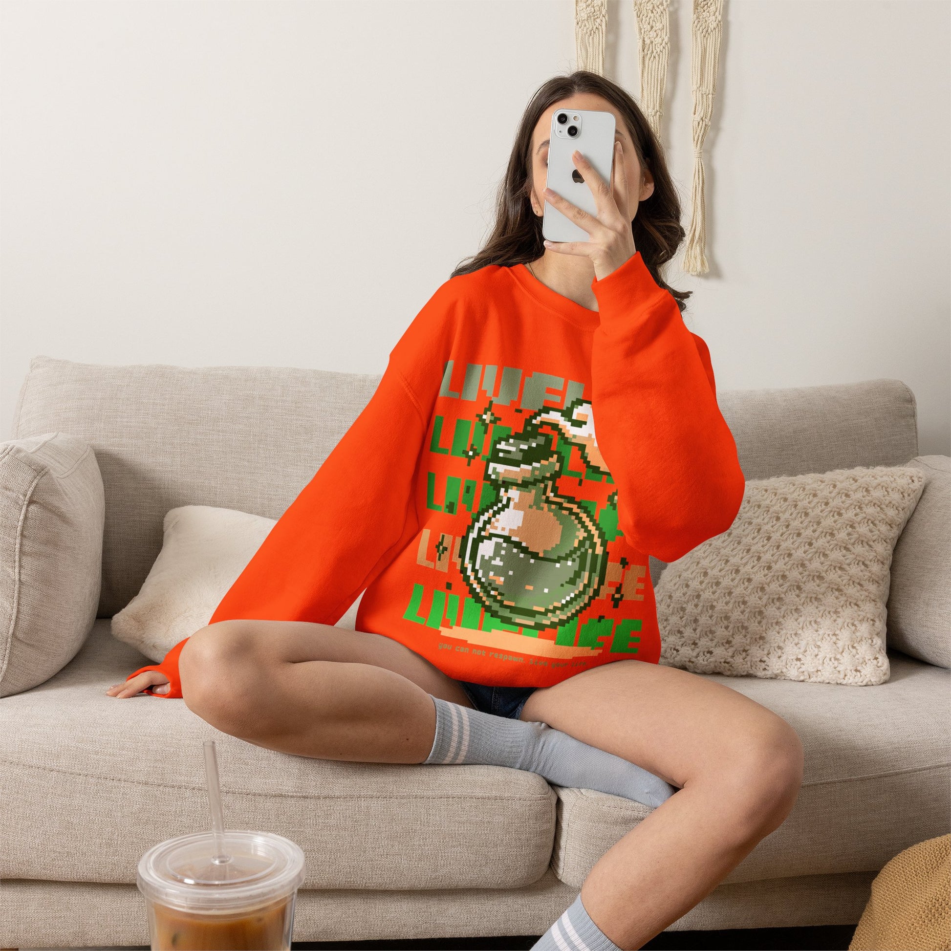 Crewneck Sweatshirt — Pixel Potion 'LIFE' Retro Gaming Graphic