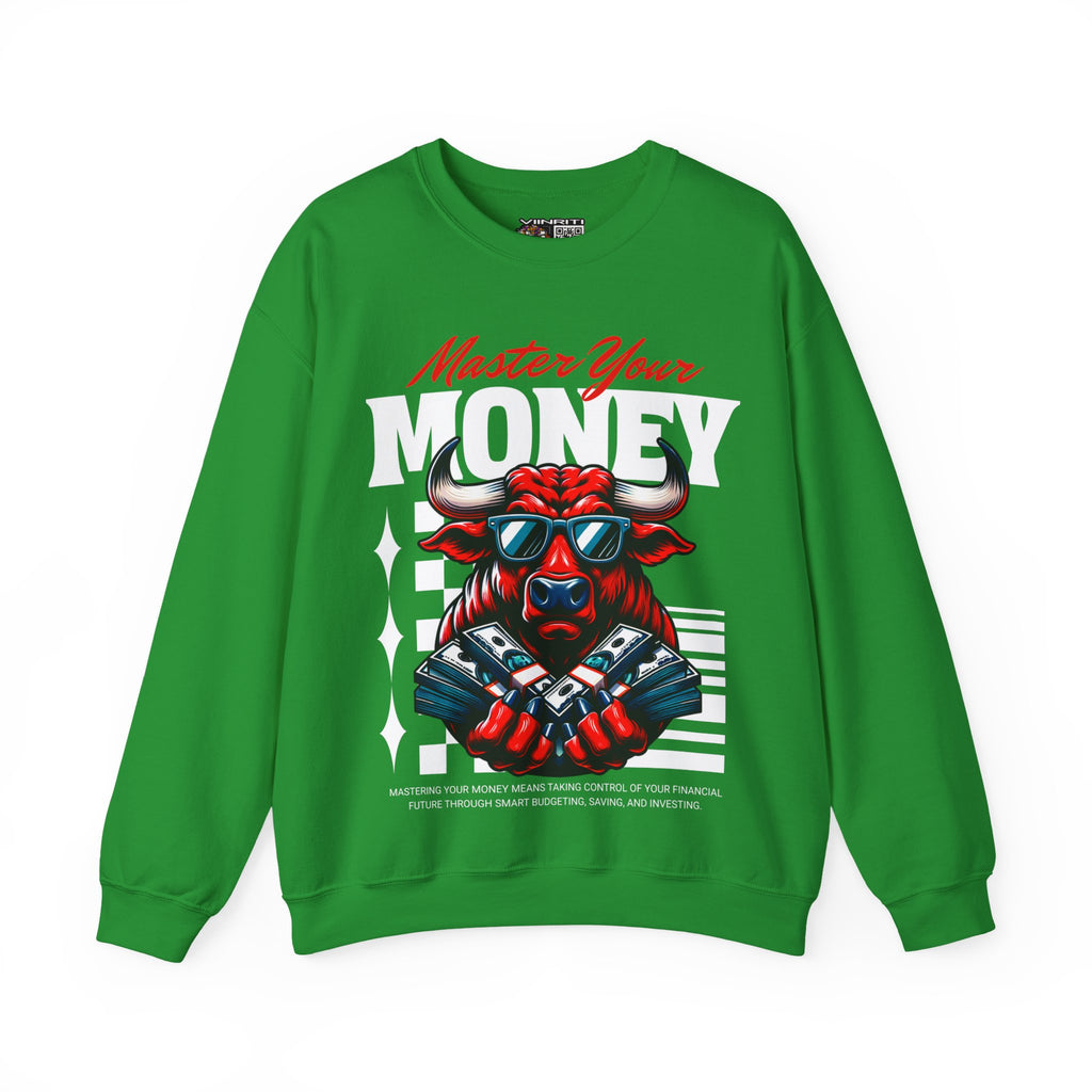 Crewneck Sweatshirt — "Master Your Money" Bull Design, Finance Hustle Graphic