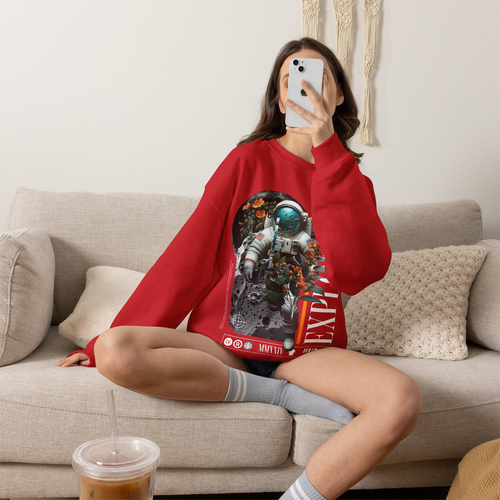Astronaut Floral Crewneck Sweatshirt — Space Explorer Graphic Pullover