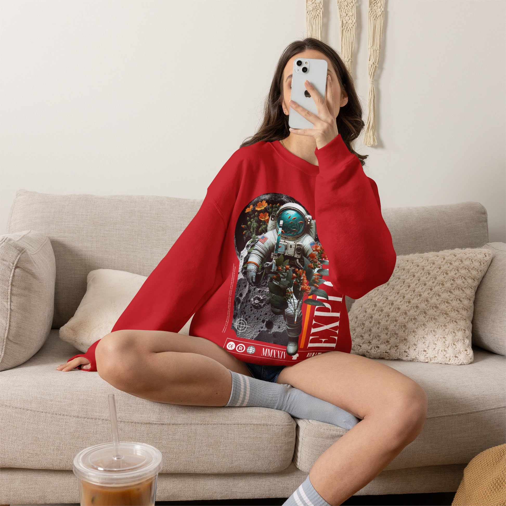 Astronaut Floral Crewneck Sweatshirt — Space Explorer Graphic Pullover