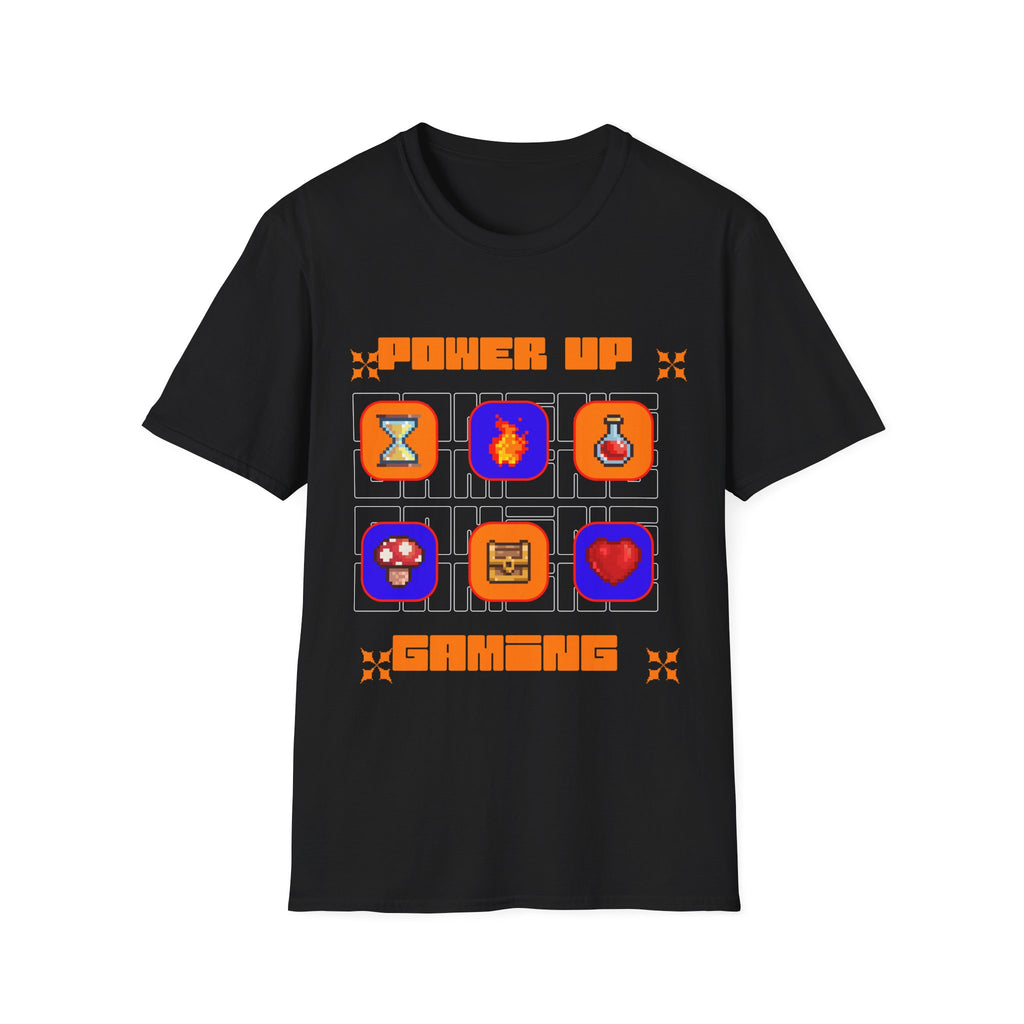 Power Up Gaming T-Shirt — Retro Pixel Game Icons Tee