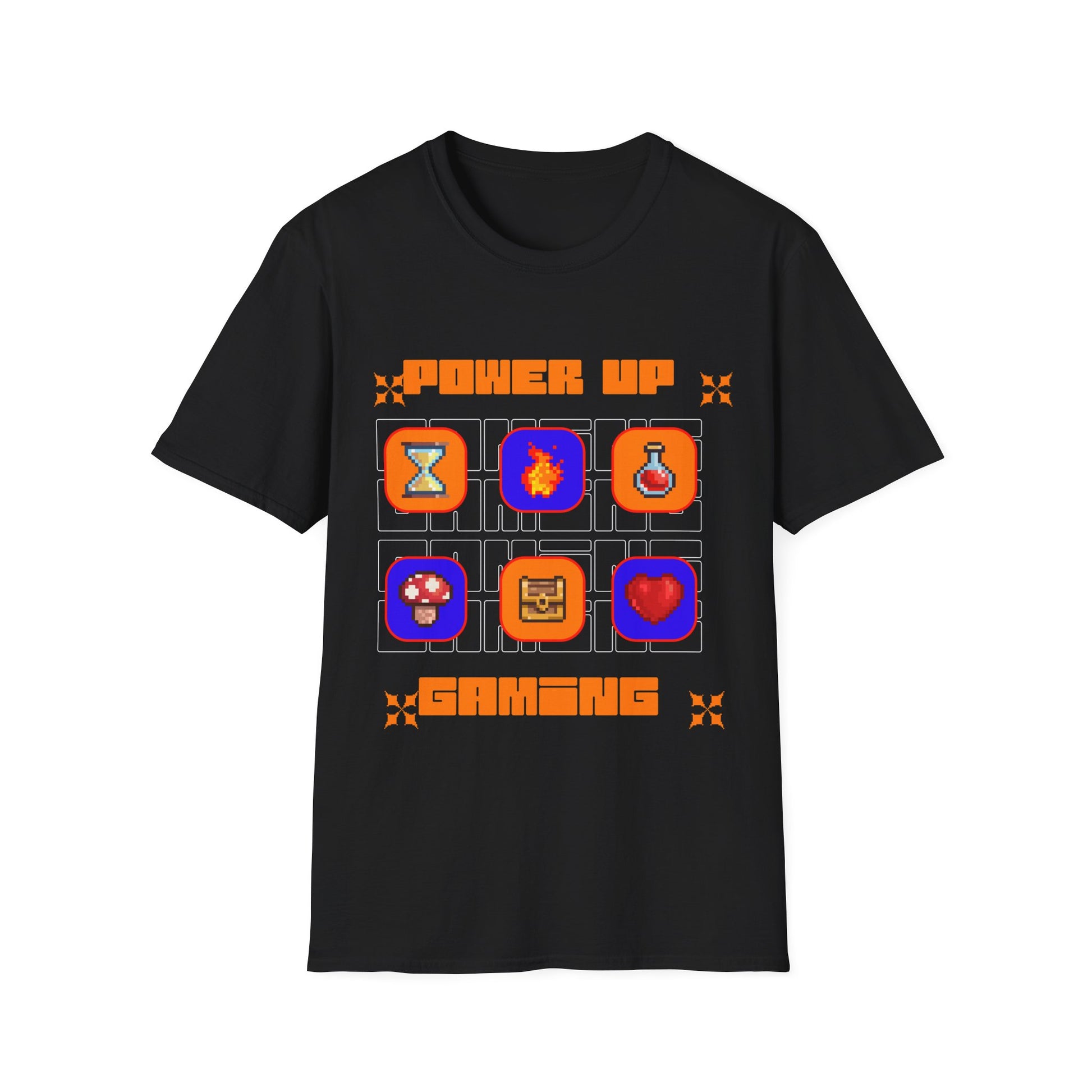 Power Up Gaming T-Shirt — Retro Pixel Game Icons Tee
