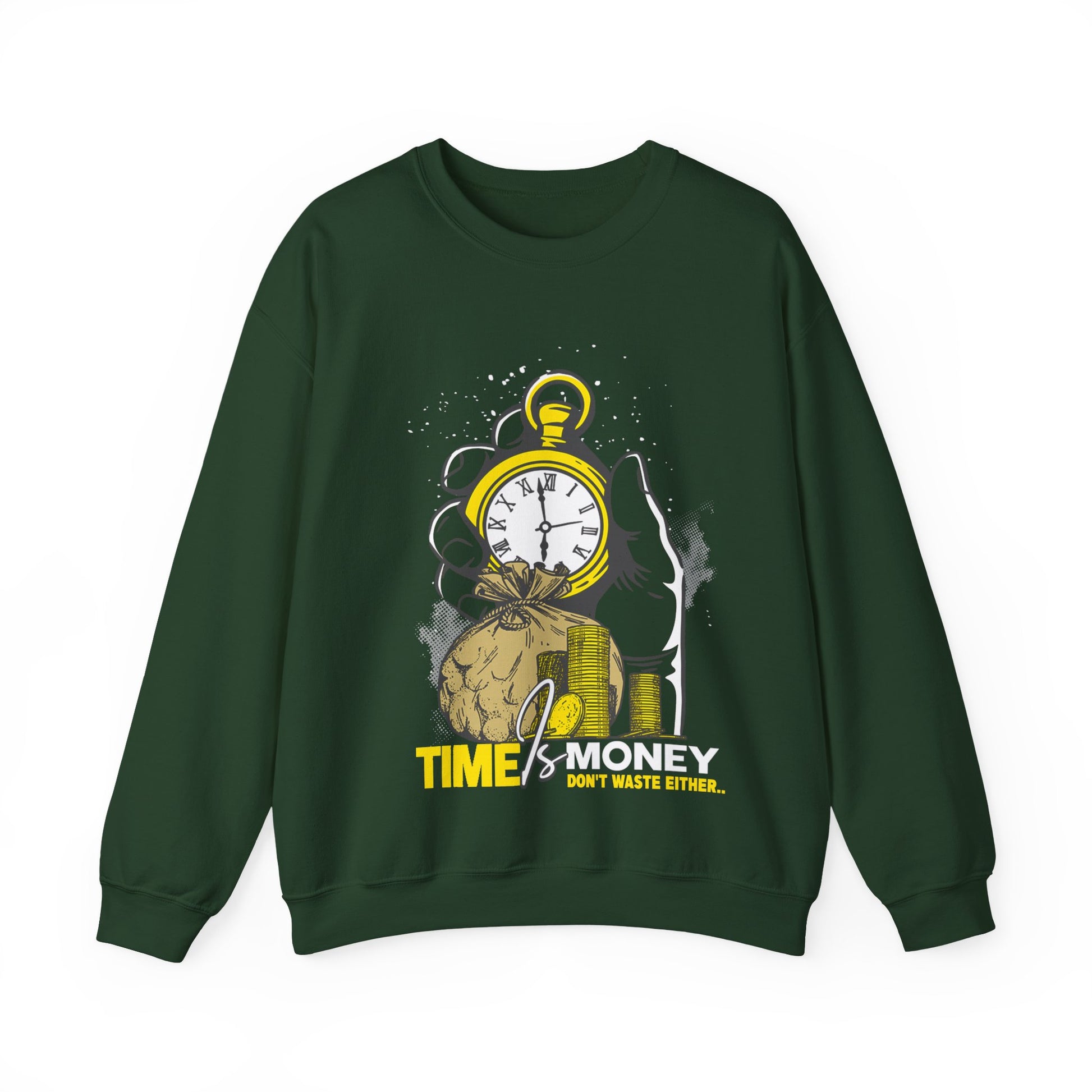 "Time Is Money" Graphic Pocket Watch & Coins Crewneck Sweatshirt -