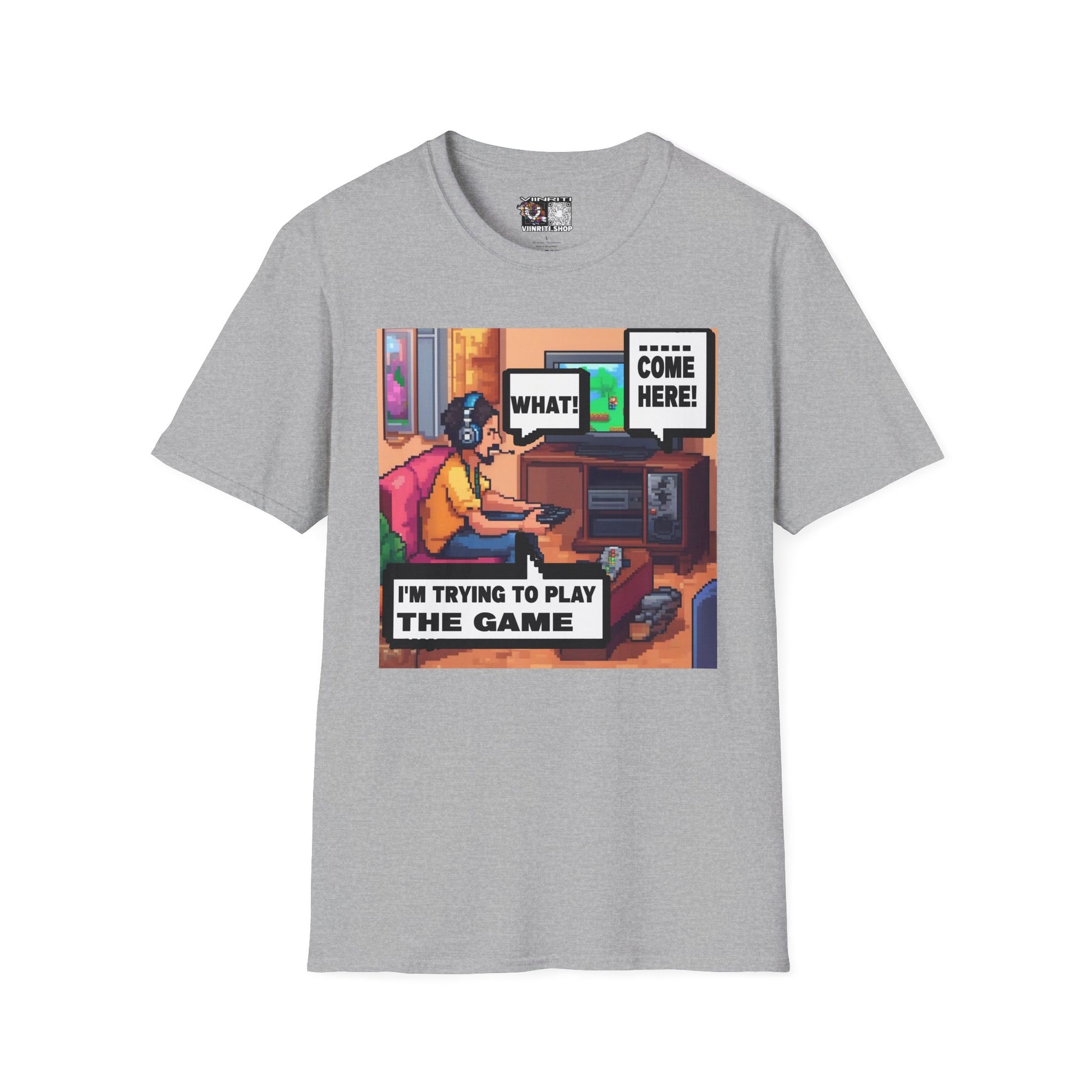 Gamer Comic T-Shirt — “I’m Trying to Play the Game” Pixel Art Tee