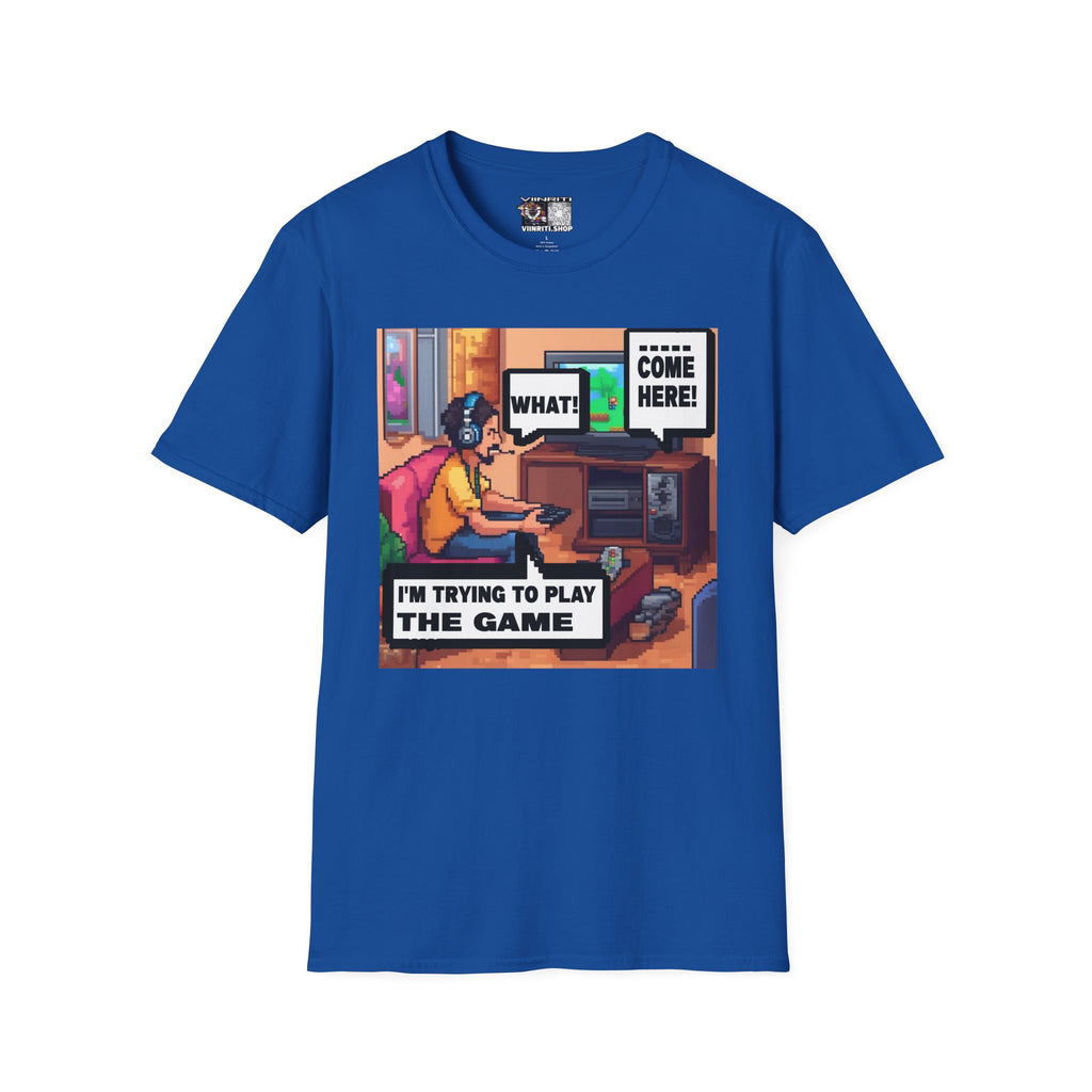 Gamer Comic T-Shirt — “I’m Trying to Play the Game” Pixel Art Tee