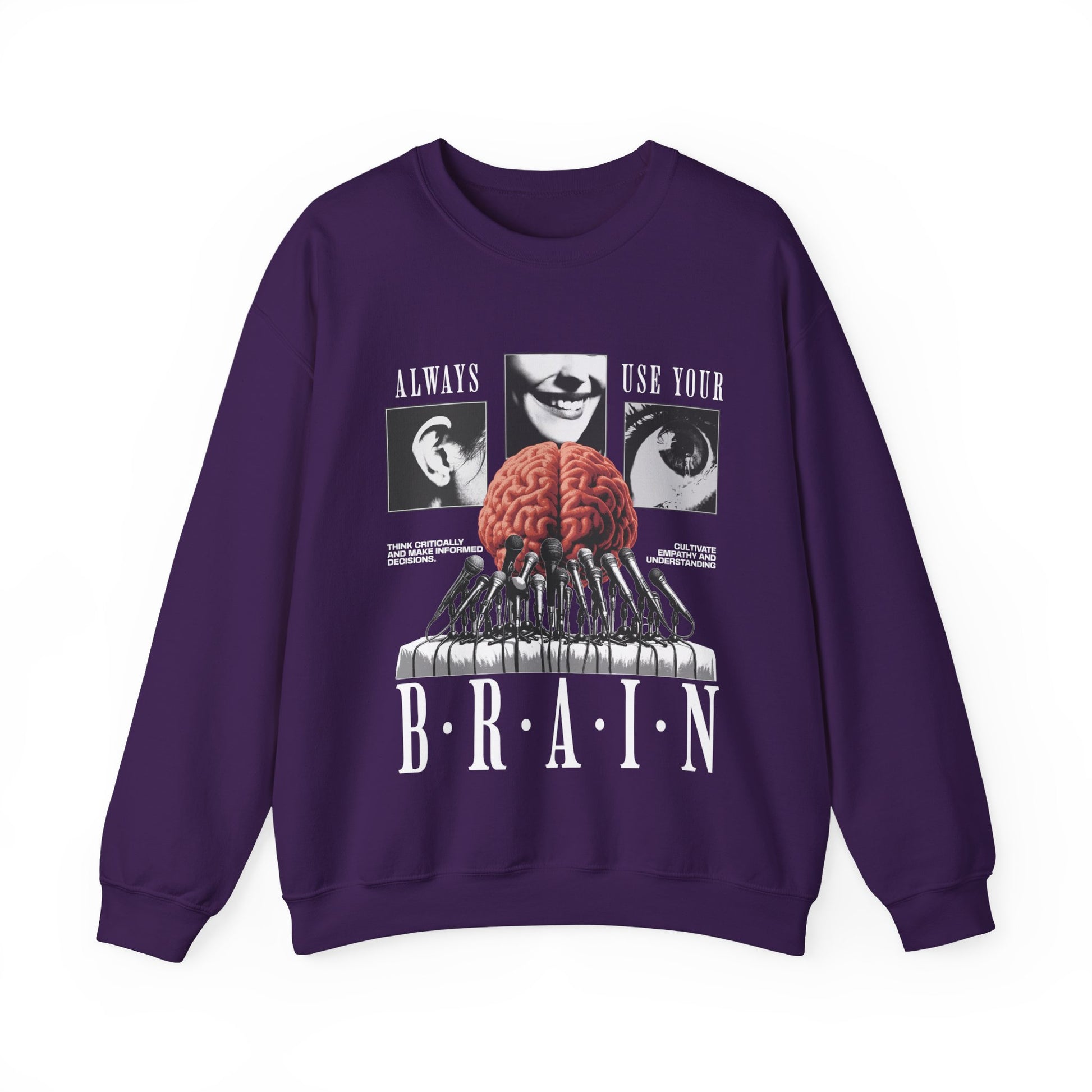 Brain Graphic Crewneck Sweatshirt — "Always Use Your Brain" Vintage Horror Vibe