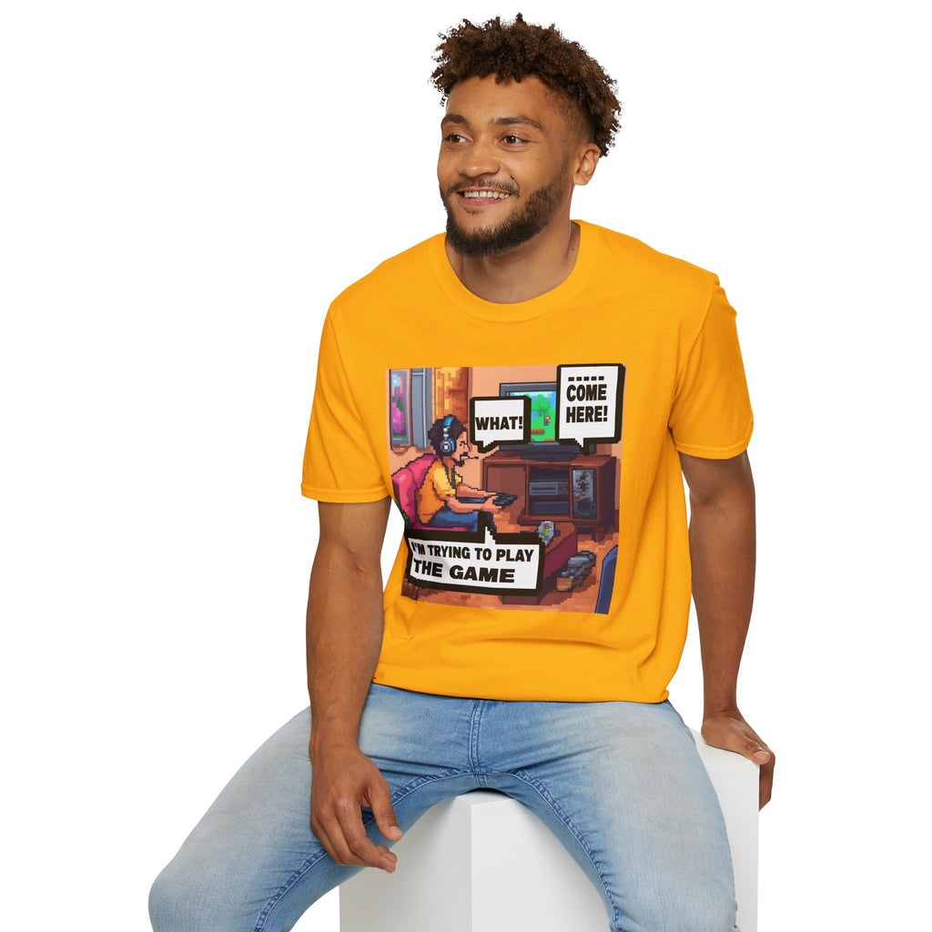 Gamer Comic T-Shirt — “I’m Trying to Play the Game” Pixel Art Tee
