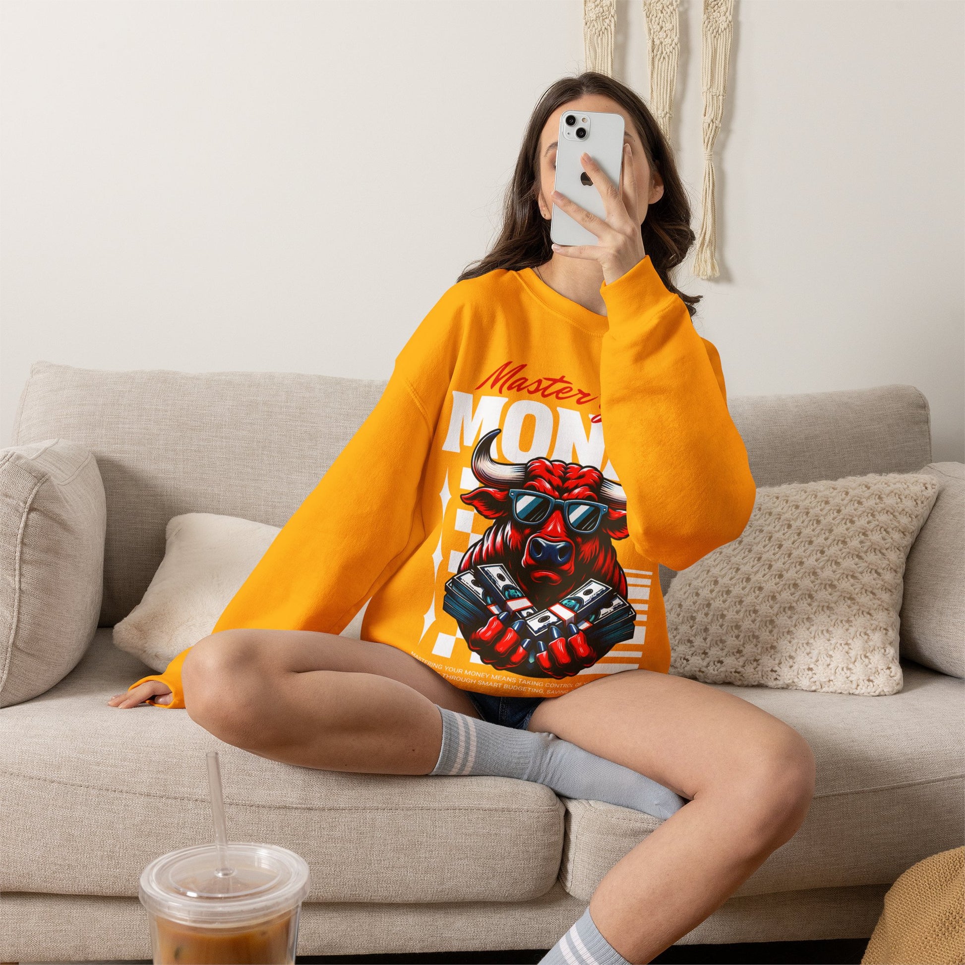 Crewneck Sweatshirt — "Master Your Money" Bull Design, Finance Hustle Graphic