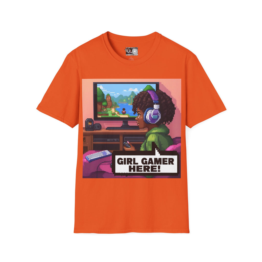 Girl Gamer T-Shirt — Retro Pixel Art ‘GIRL GAMER HERE!’ Tee for Female Gamers