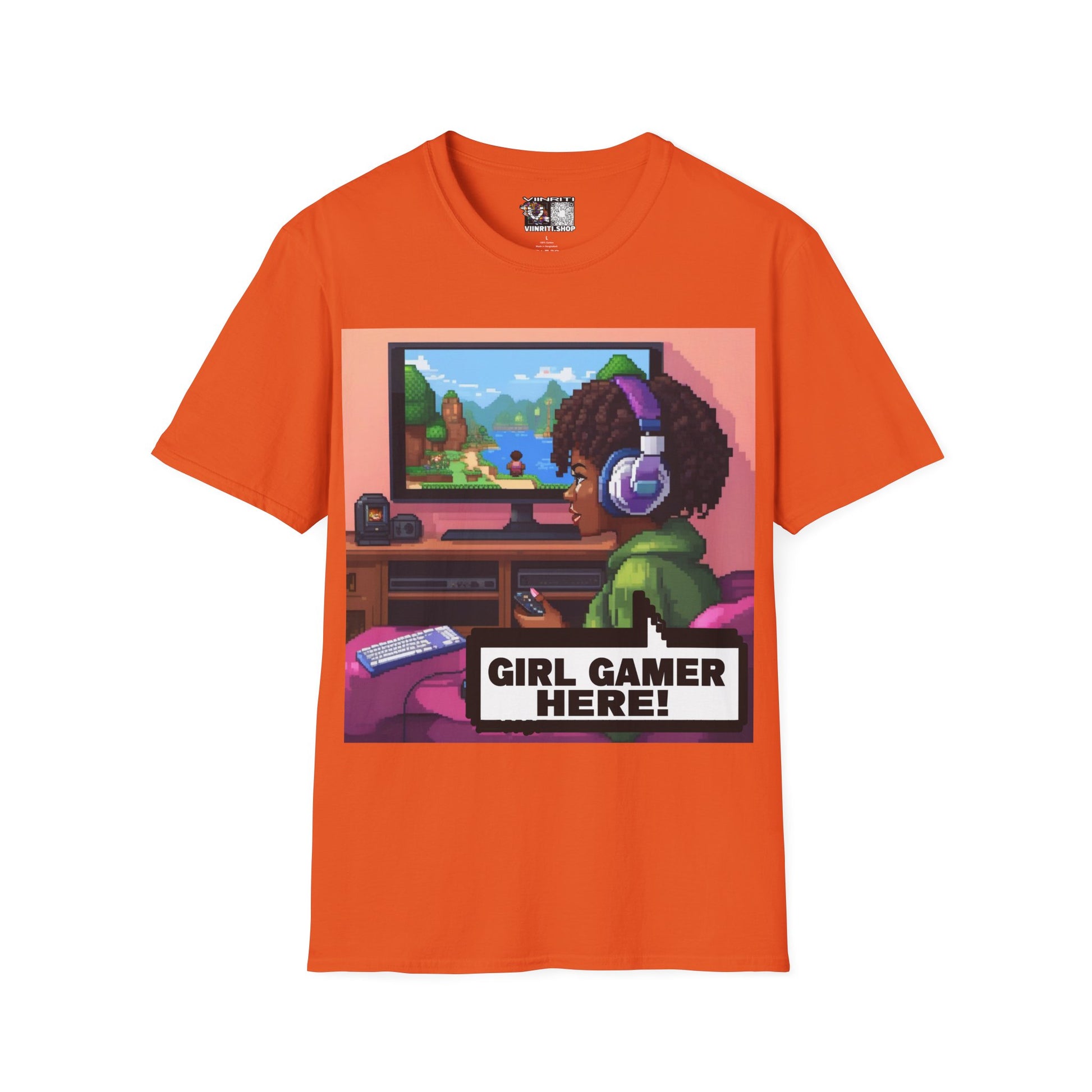 Girl Gamer T-Shirt — Retro Pixel Art ‘GIRL GAMER HERE!’ Tee for Female Gamers