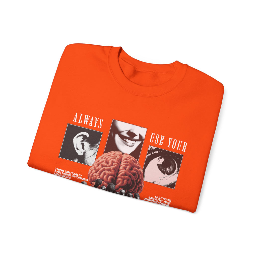 Brain Graphic Crewneck Sweatshirt — "Always Use Your Brain" Vintage Horror Vibe