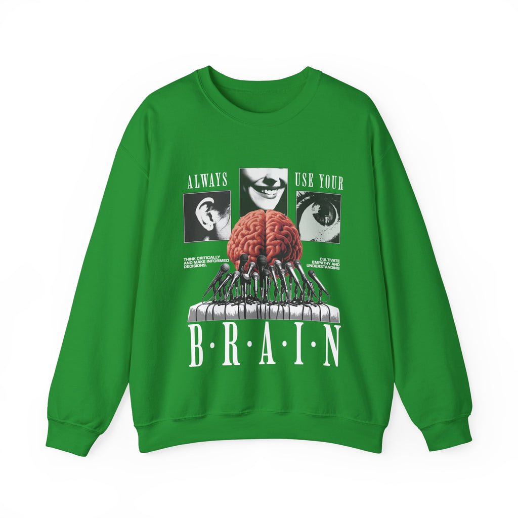 Brain Graphic Crewneck Sweatshirt — "Always Use Your Brain" Vintage Horror Vibe
