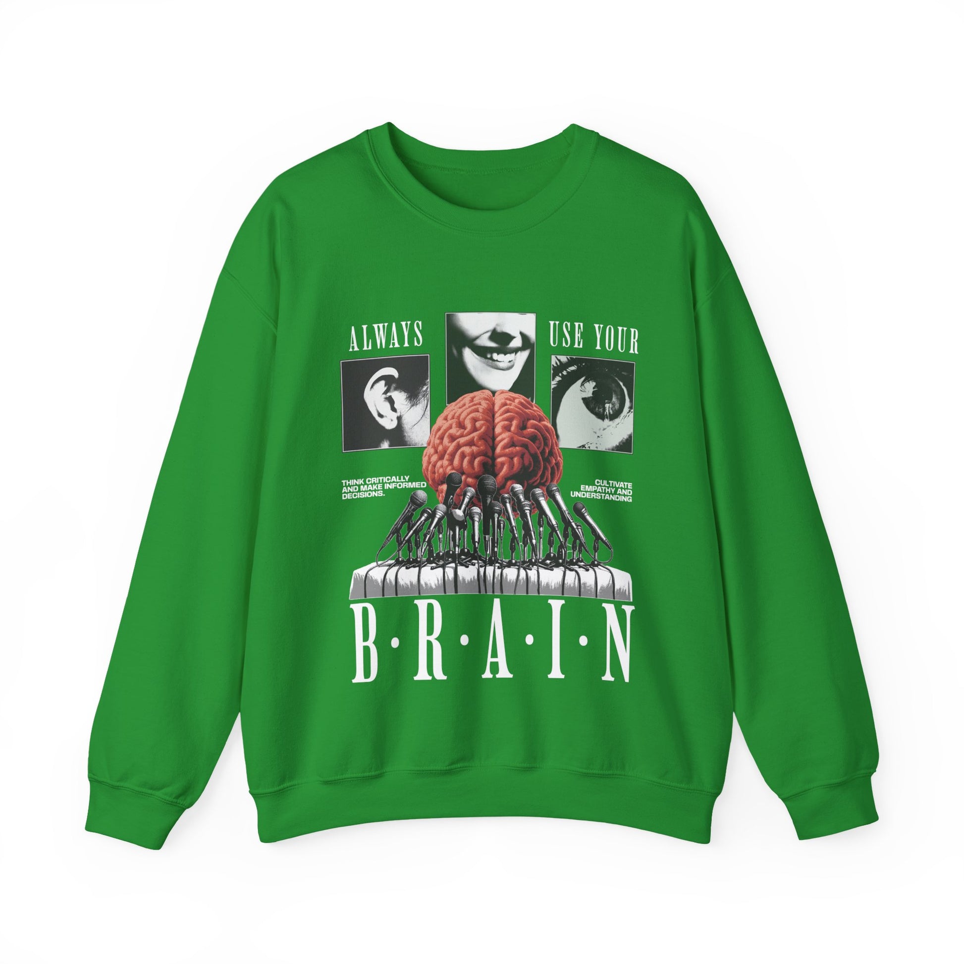 Brain Graphic Crewneck Sweatshirt — "Always Use Your Brain" Vintage Horror Vibe
