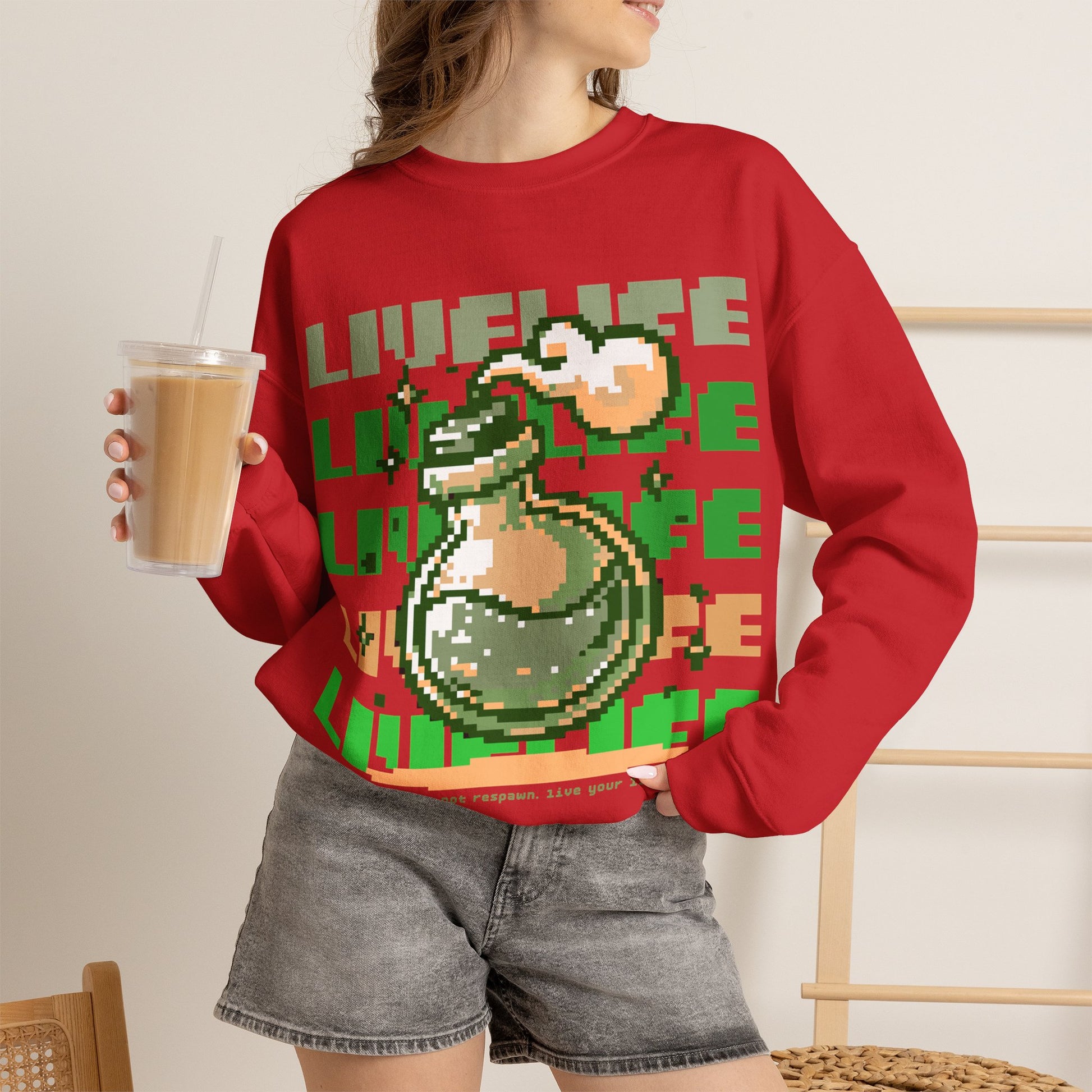 Crewneck Sweatshirt — Pixel Potion 'LIFE' Retro Gaming Graphic