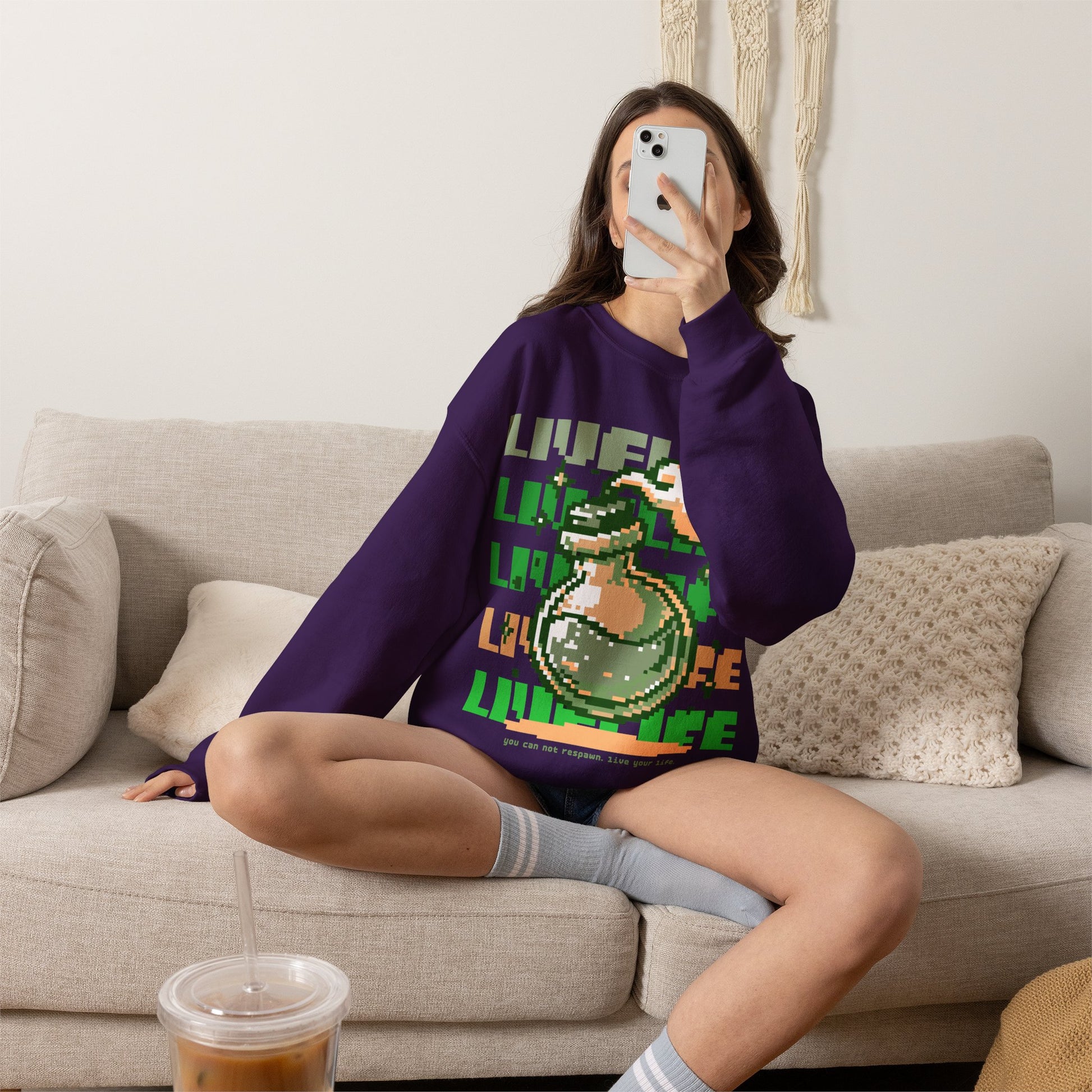Crewneck Sweatshirt — Pixel Potion 'LIFE' Retro Gaming Graphic