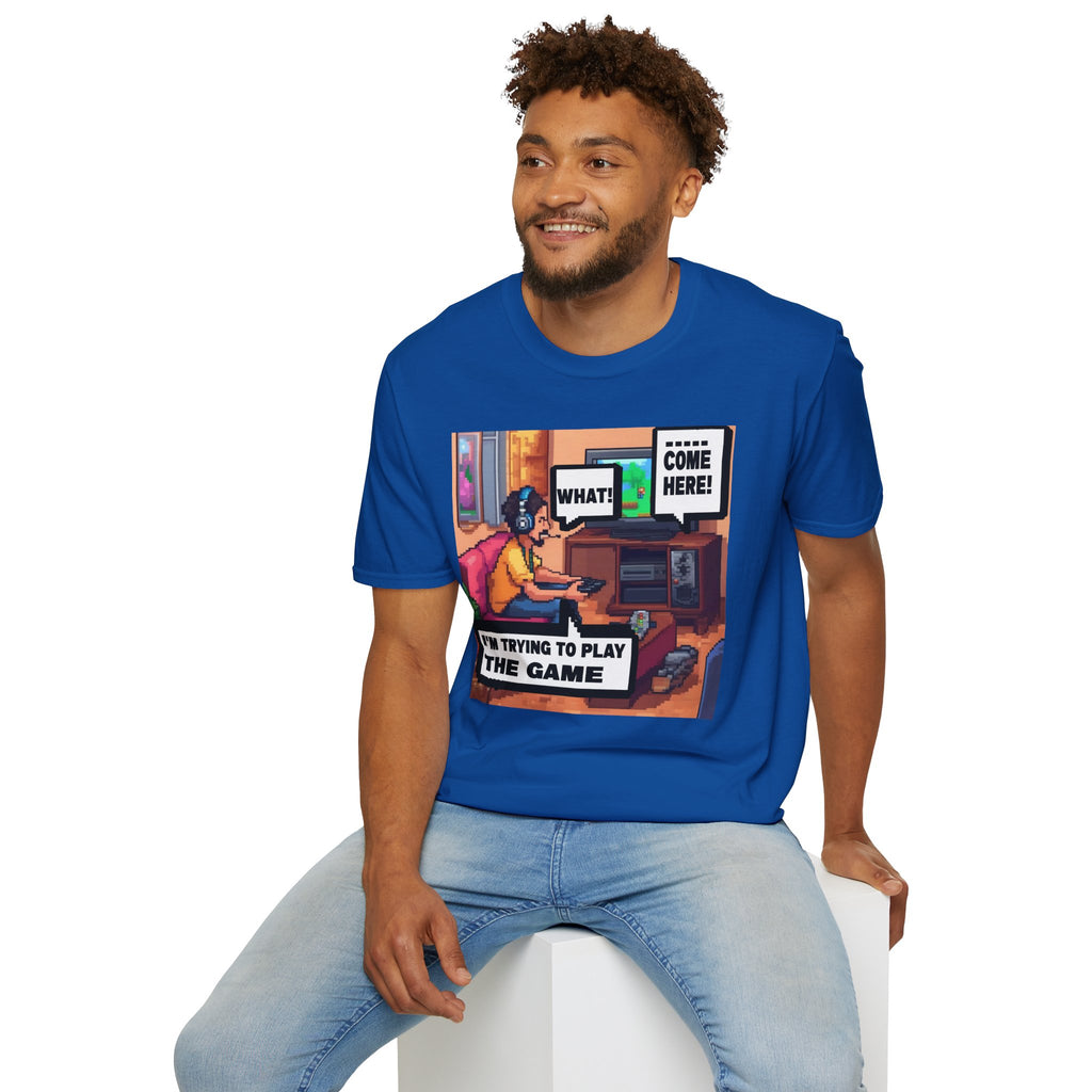 Gamer Comic T-Shirt — “I’m Trying to Play the Game” Pixel Art Tee