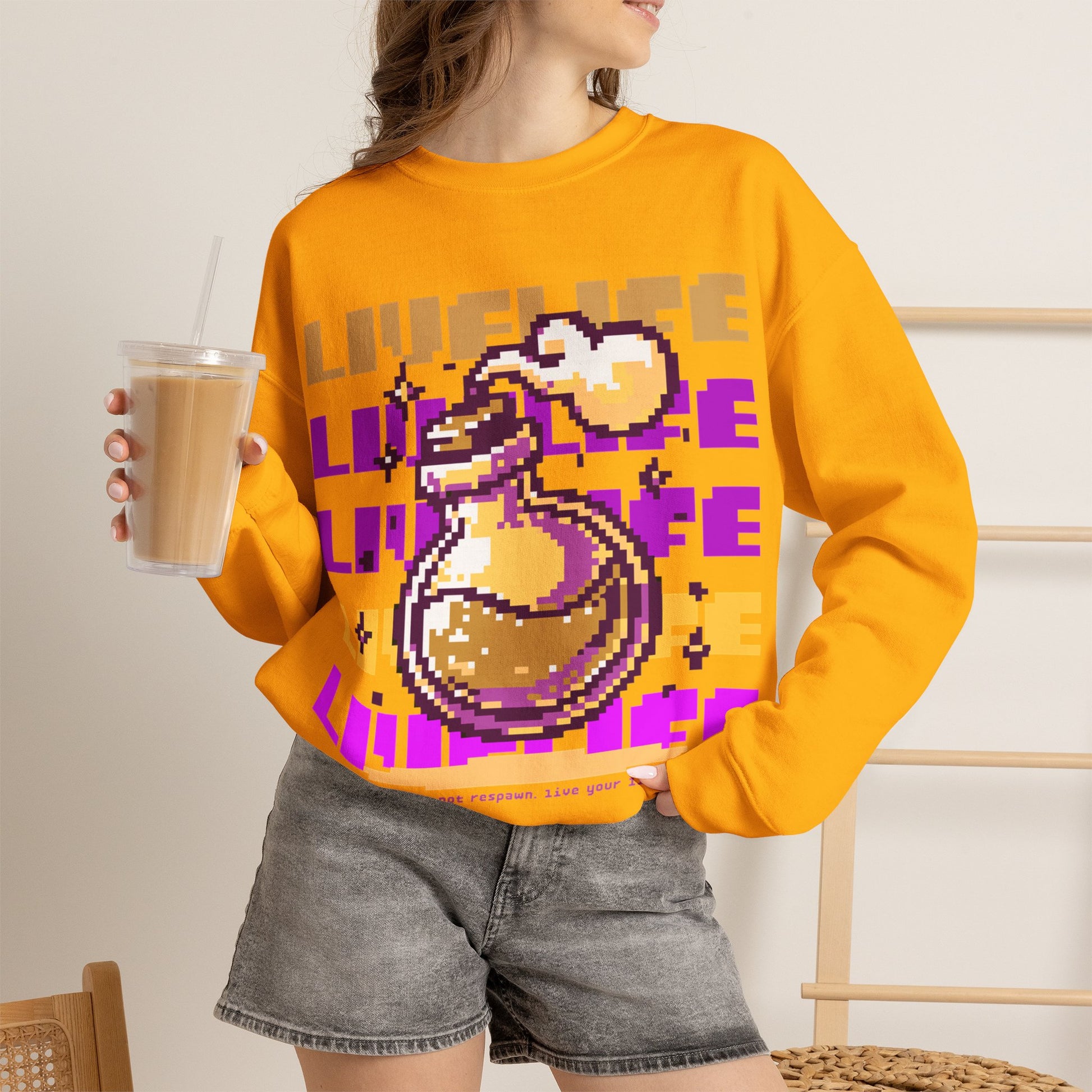Crewneck Sweatshirt — Pixel Potion 'LIFE' Retro Gaming Graphic